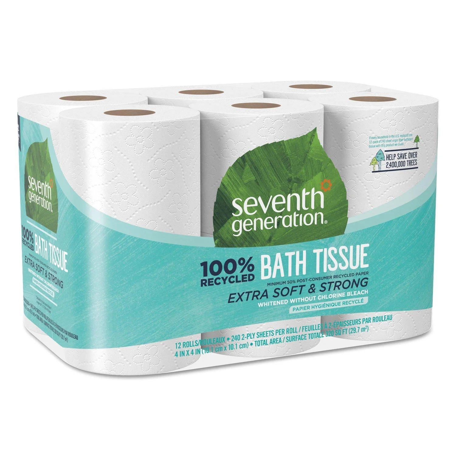 Seventh Generation 13733PK 100% Recycled Bathroom Tissue 2-Ply White 300 Sheets/Roll 12/Pack