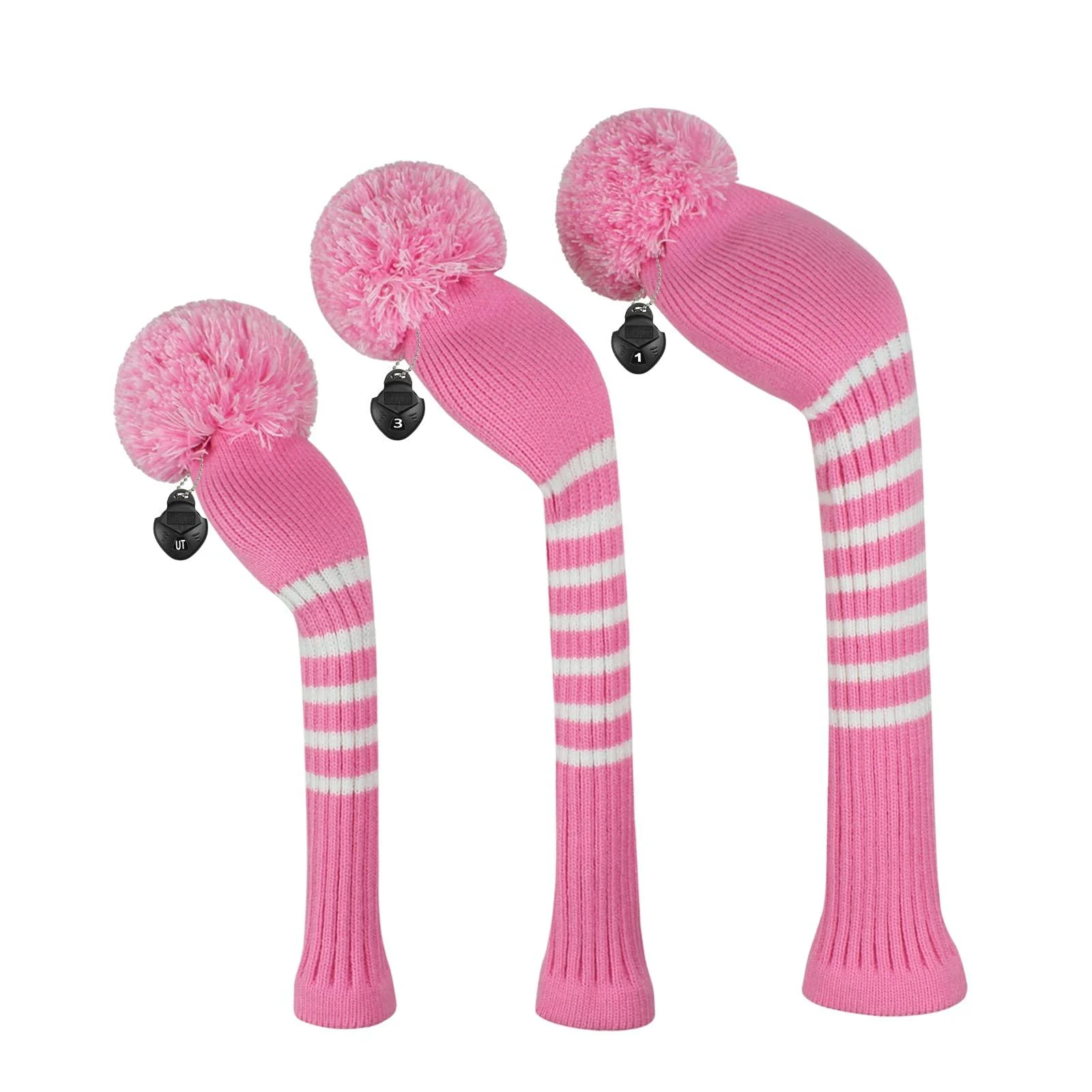 Scott Edward Golf Headcovers for Woods Set of 3 Fits Well Driver(460cc) Fairway Wood and Hybrid(UT) The Perfect Change for Golf Bag Pink white stripes
