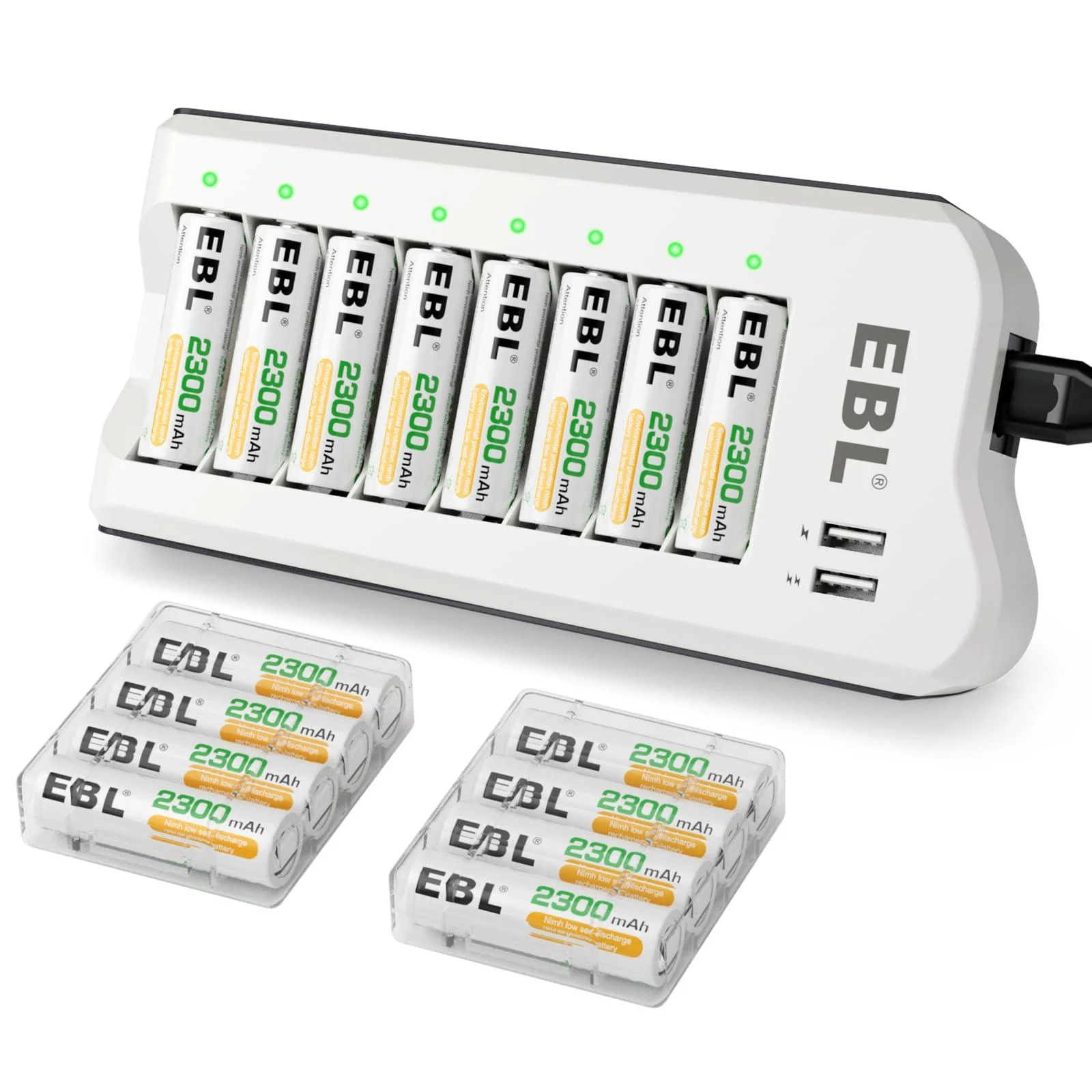 EBL 2300mAh Ni-MH AA Rechargeable Batteries (16 Pack) and Rechargeable AA AAA Battery Charger with 2 USB Charging Ports 808U+16 AA 2300mAh