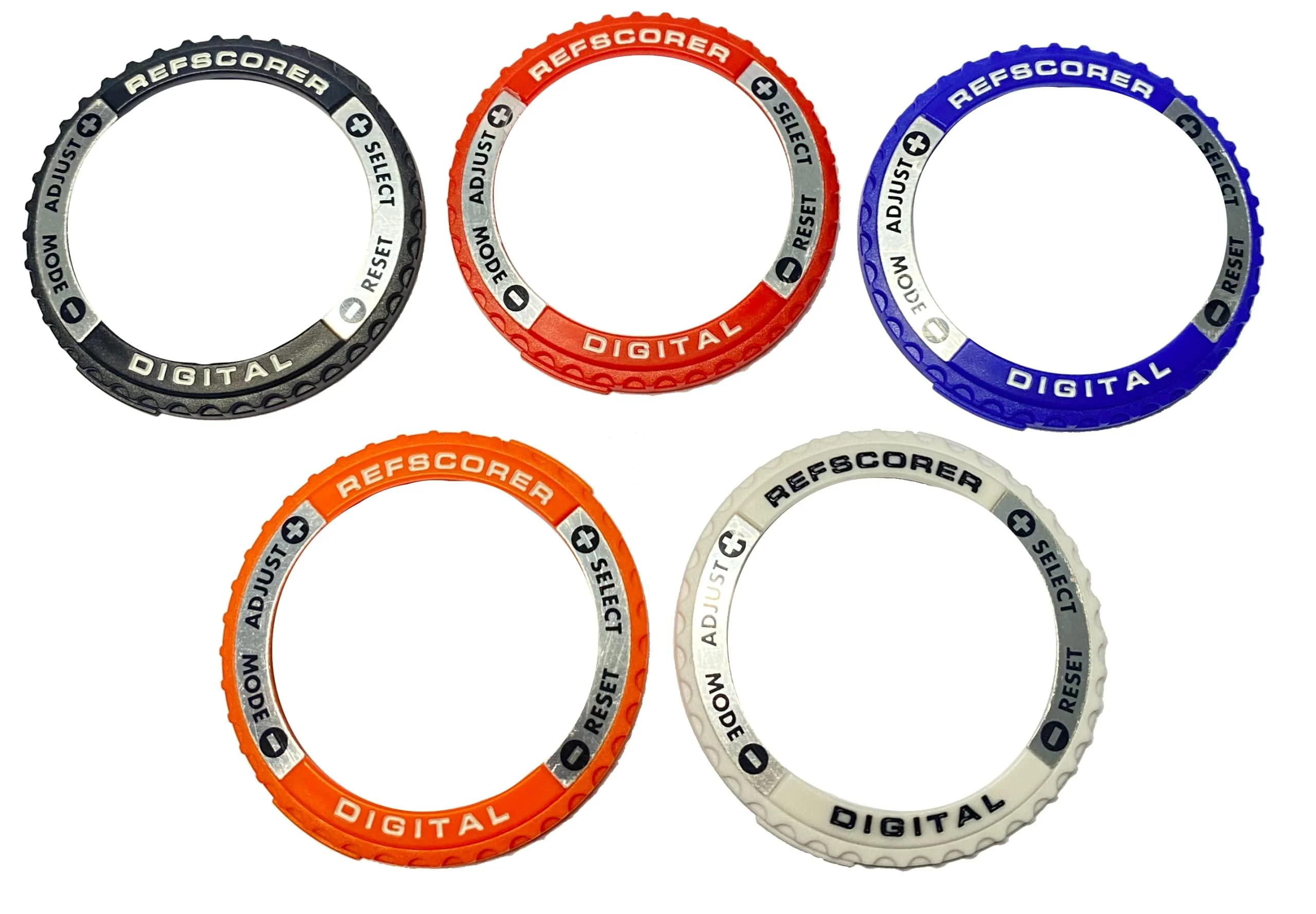 RefStuff RefScorer A 5 Pack Interchangeable Top Ring Bezels for The Digital New v2.021 Referee Watch Pack A (Original Silver Black Red Navy Dark Blue Orange and White)