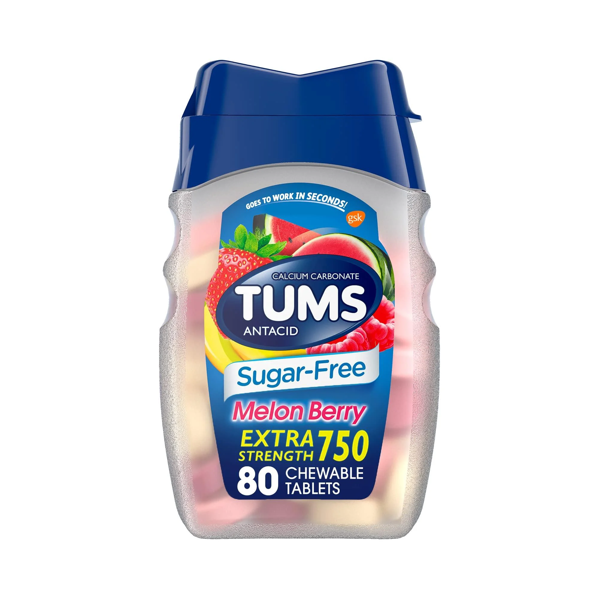 TUMS Extra Strength Chewable Sugar Free Antacid Tablets for Heartburn Relief Melon Berry - 80 Count Melon Berry 80 Count (Pack of 1)