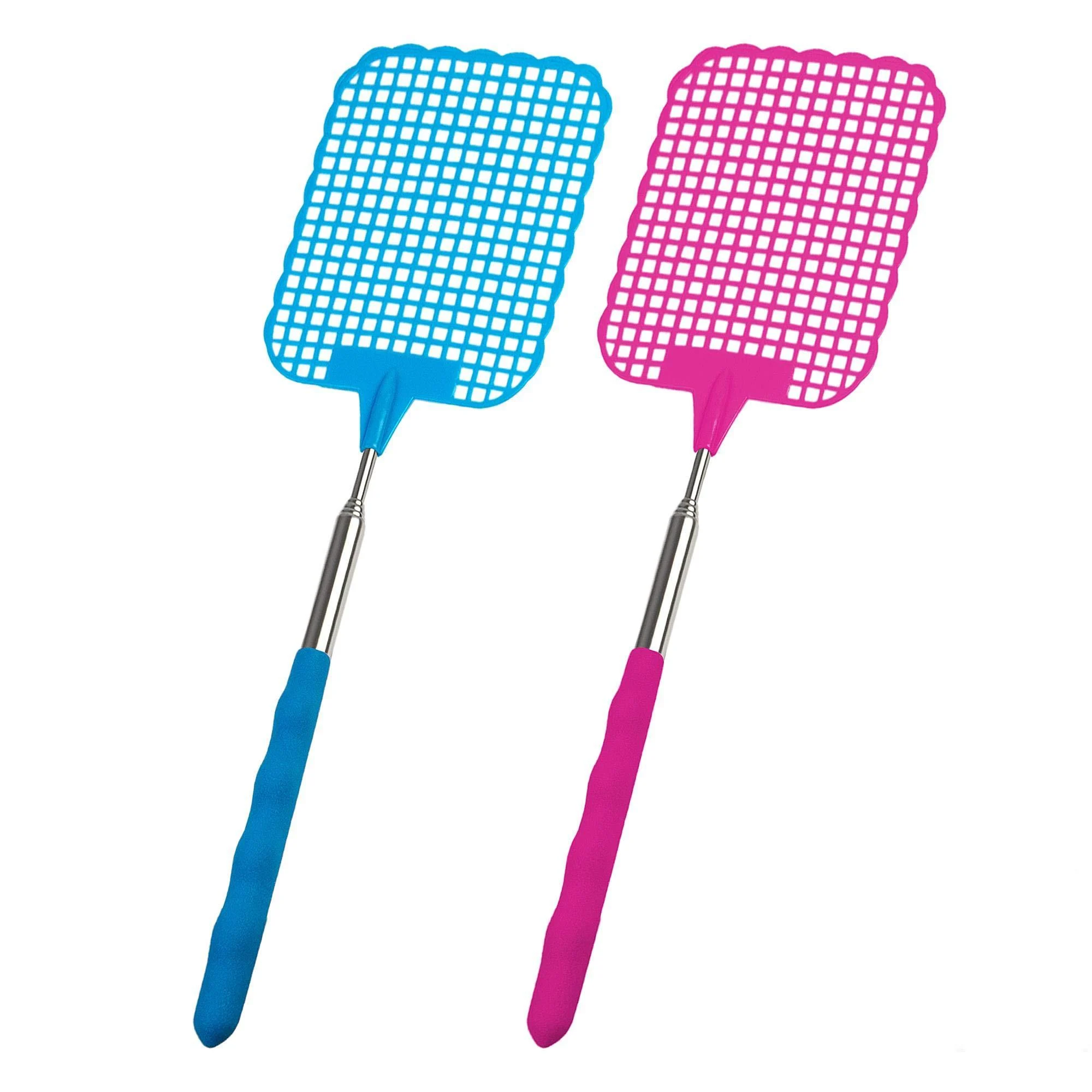 ECENCE set of 2 extendable fly swatters telescopic extendable 26 cm - 72 cm long blue and pink 14040104