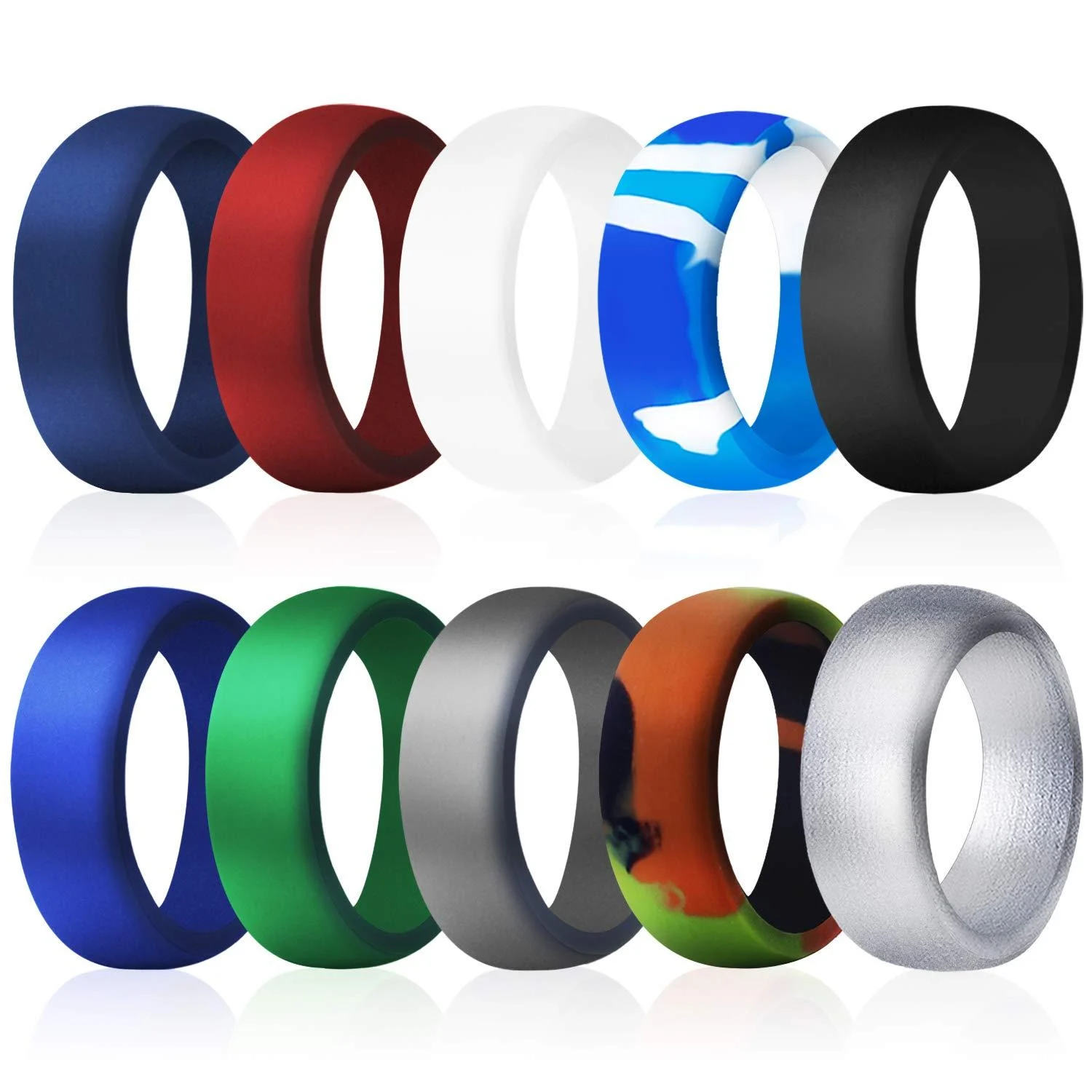 COOLOO Silicone Wedding Ring for Men, 10 Pack Affordable Silicone Rubber Wedding Bands Durable Comfortable Rings, Black White Blue Silver Gray Colorful 2 (10 pack) 12.5 - 13(22.2mm)