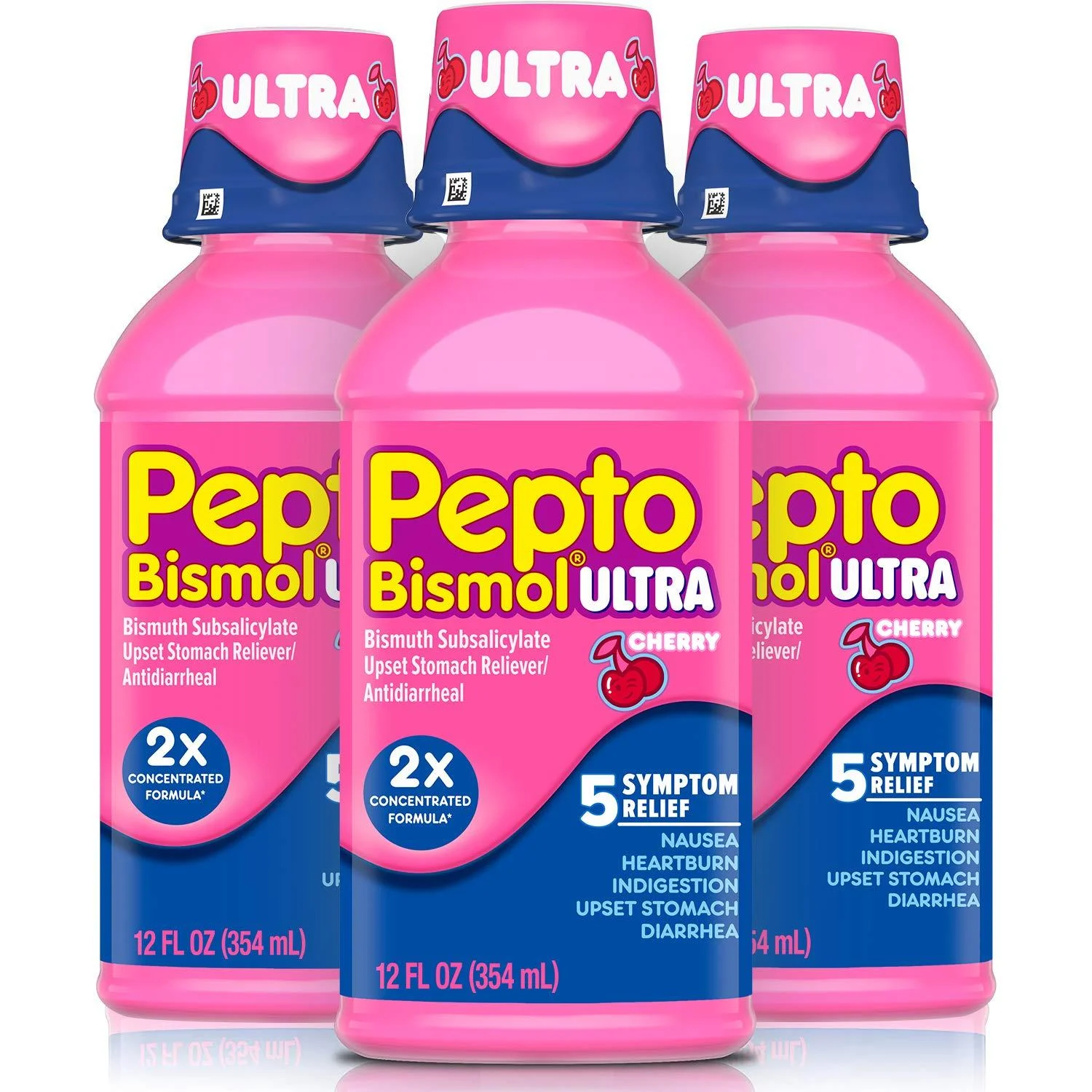 Pepto Bismol Ultra Liquid, 2X Concentrated Formula, Upset Stomach Relief, Bismuth Subsalicylate, Multi-Symptom Gas, Nausea, Heartburn, Indigestion, Diarrhea Relief, Cherry, 12 OZ Liquid (3 Pack) 12 Fl Oz (Pack of 3)