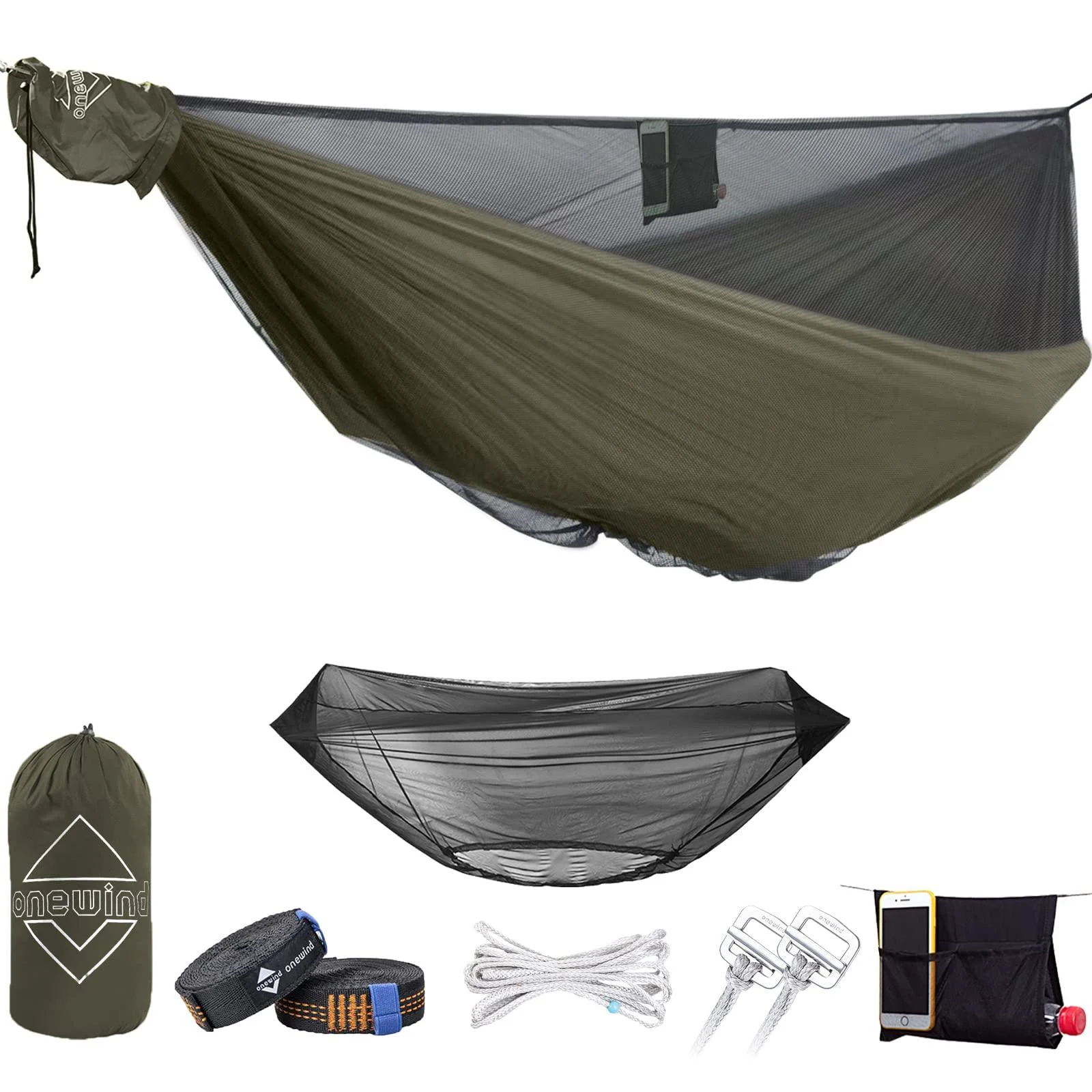 onewind 11Ft Camping Hammock with Mosquito Net Adjustable Ridgeline Double Hammock Portable Lightweight Hammock Ripstop Nylon Sturdy and Durable with 2*12Ft Tree Straps for Camping Hiking Backpacking 11ft Od Green Double 11ft