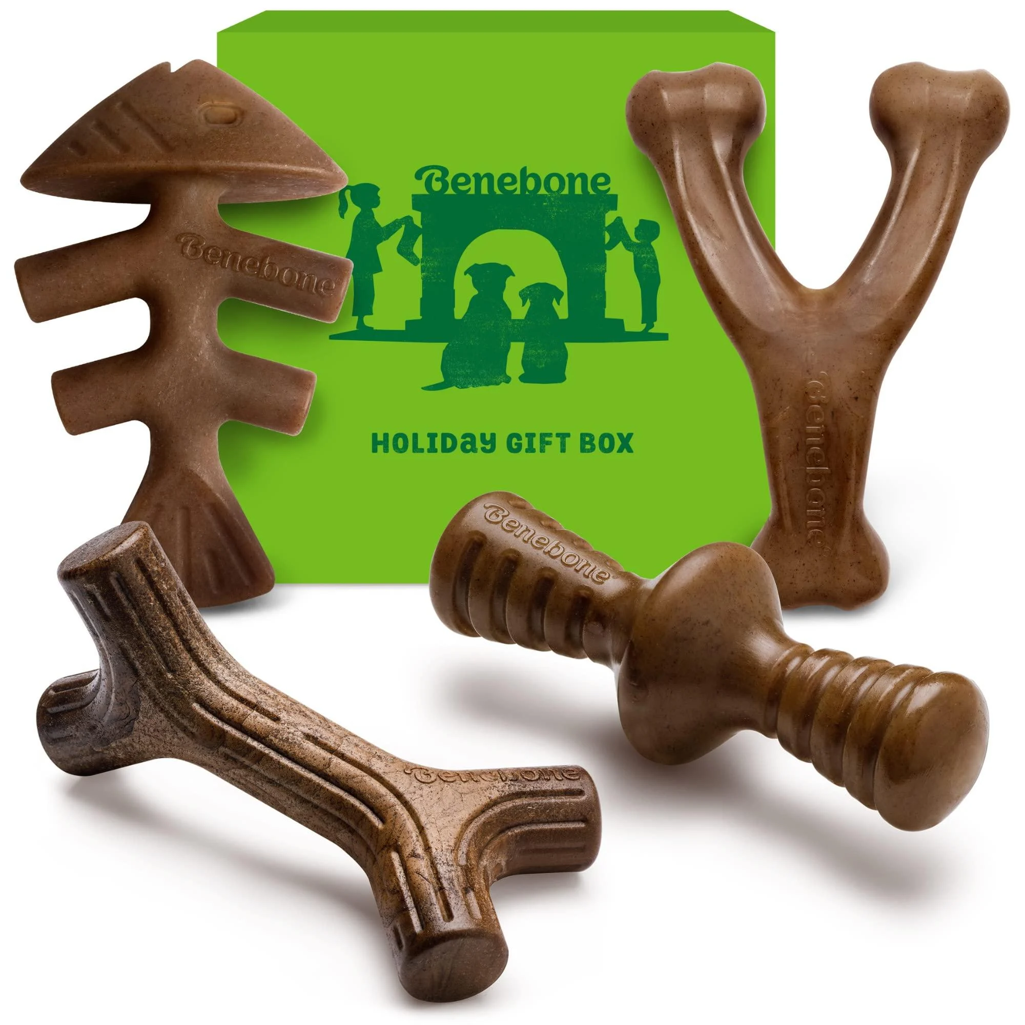 Benebone Durable Dog Chew Toy Box for Aggressive Chewers with Wishbone Fishbone Stick & Zaggler Medium