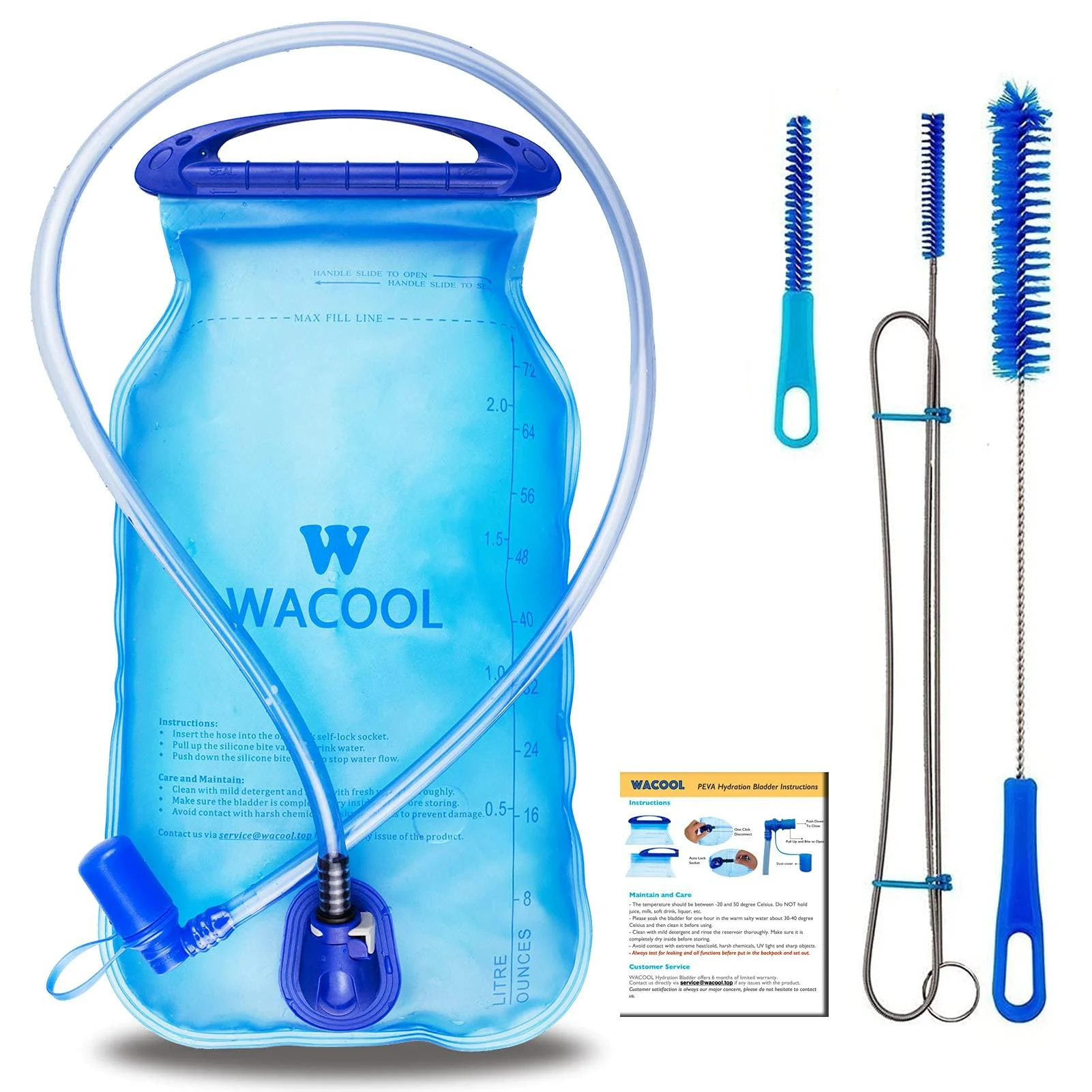 WACOOL 2L 2Liter 70oz 3L 3Liter 100oz BPA Free PEVA Hydration Pack Bladder Leakproof Water Reservoir Blue With Cleaning Kit 2 Liter