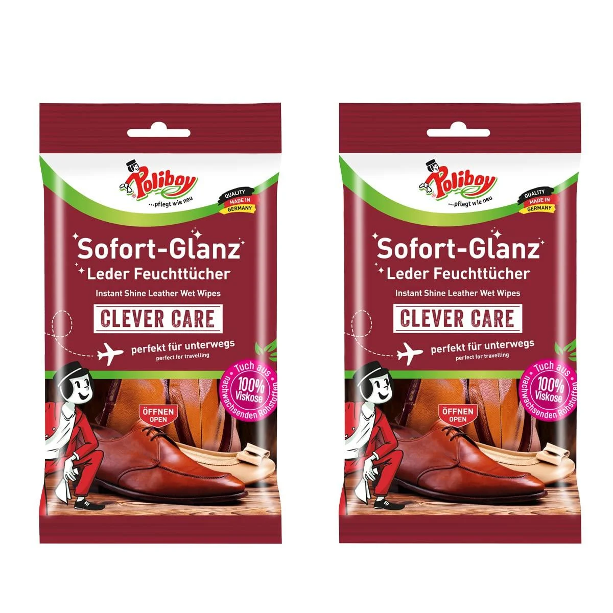 Poliboy instant -gloss leather wet wipes - cleaning towels for on the go - perfect for shoes & bags - 2 Pack - 2x10 towels - Made in Germany shoes 2 Pack