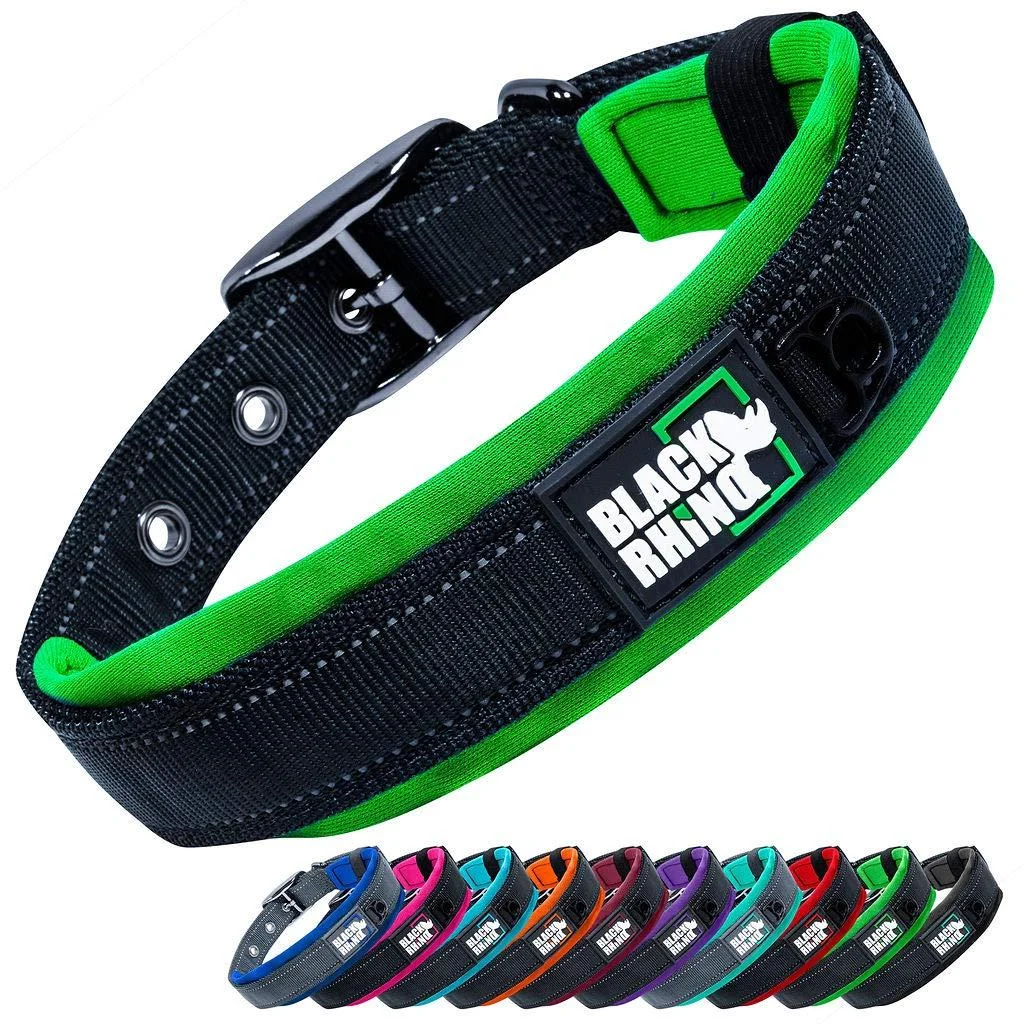 Black Rhino - the comfort collar super soft with neoprene padded dog collar for all dog breeds - robust adjustable reflective weatherproof (large green/black) green/black XL