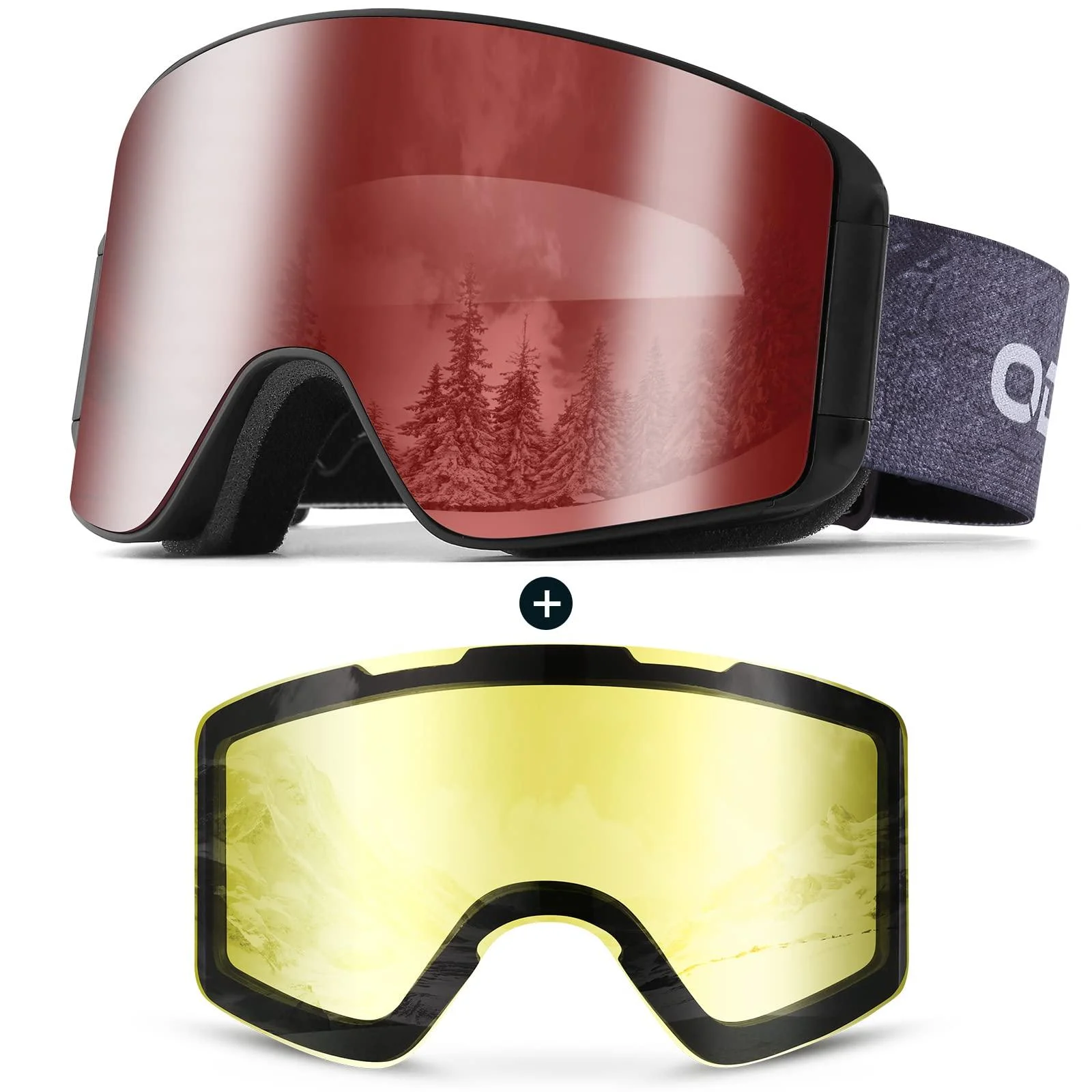 Odoland Ski Goggles with Detachable Lens, Frameless Interchangeable Lens Anti-Fog 100% UV Protection Snowboard Snow Goggles Black Frame Blaze Lens Vlt 25%