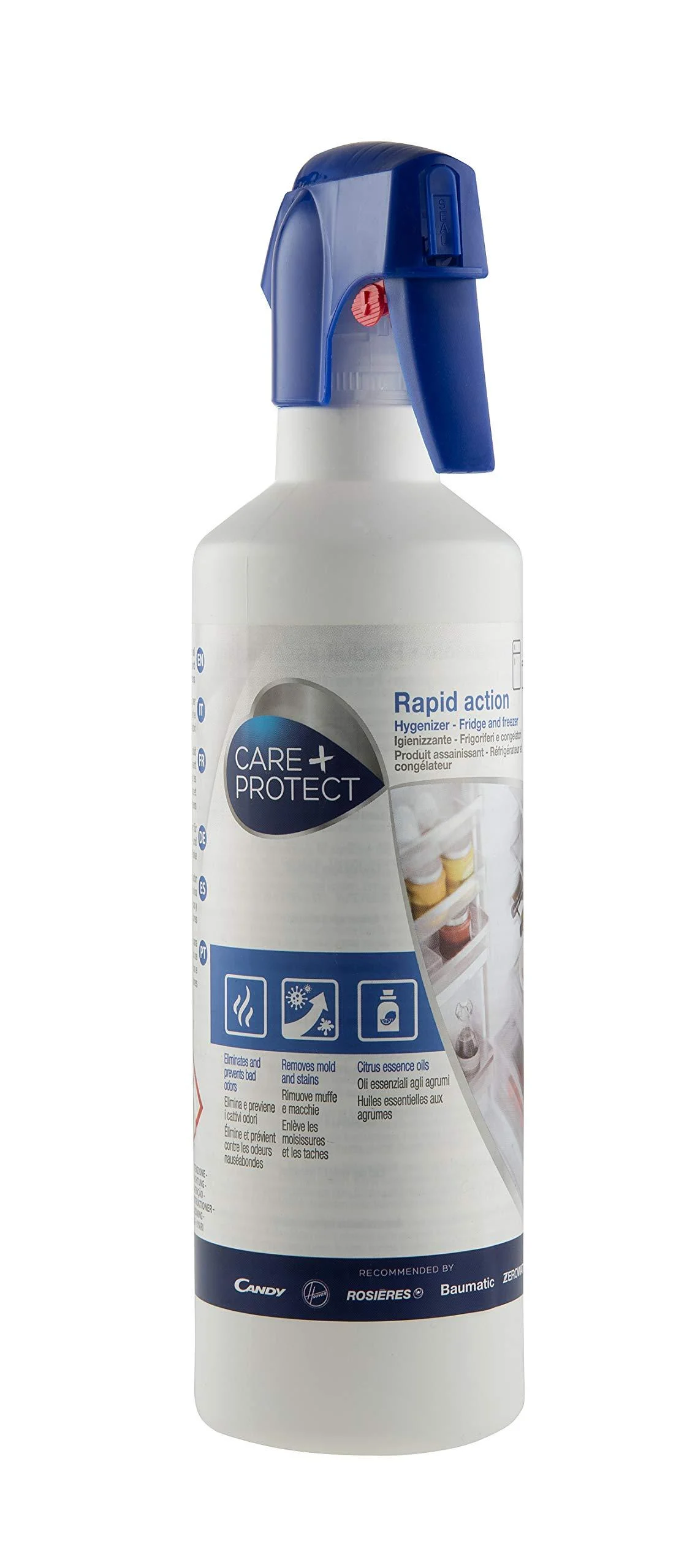 Care + Protect Rapid Action Hygienic Fridge Cleaner Interior Refrigerator Cleanser & Odour Neutraliser Removes Stains Fresh Citrus Scent 500 ml Spray Blue