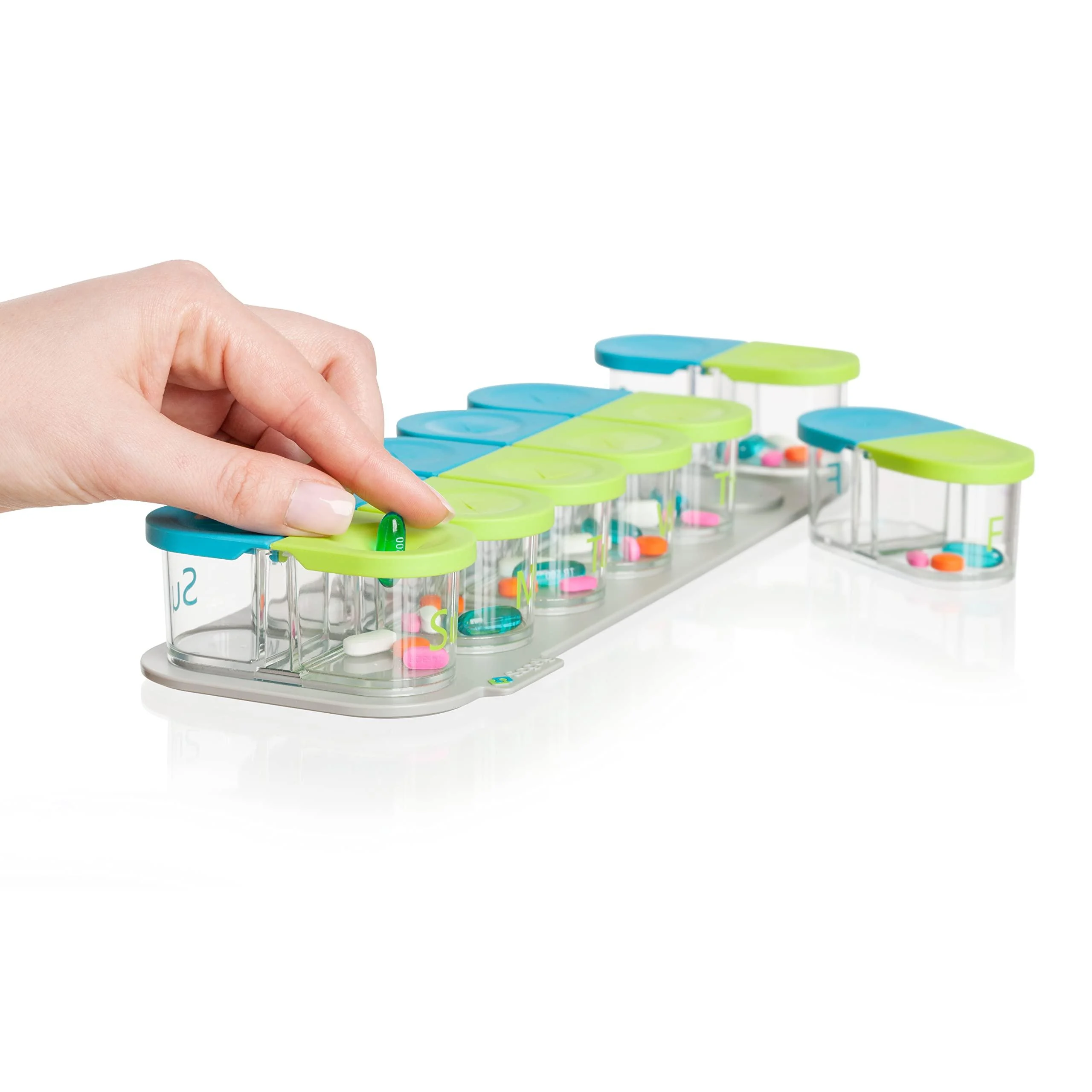 Sagely Smart XL Weekly Pill Organizer - Sleek AM/PM Twice a Day Pill Box with Free Smartphone Reminder App and 7 Day Travel Containers (Large Enough to Fit Fish Oil and Vitamin D Supplements) Blue/Green