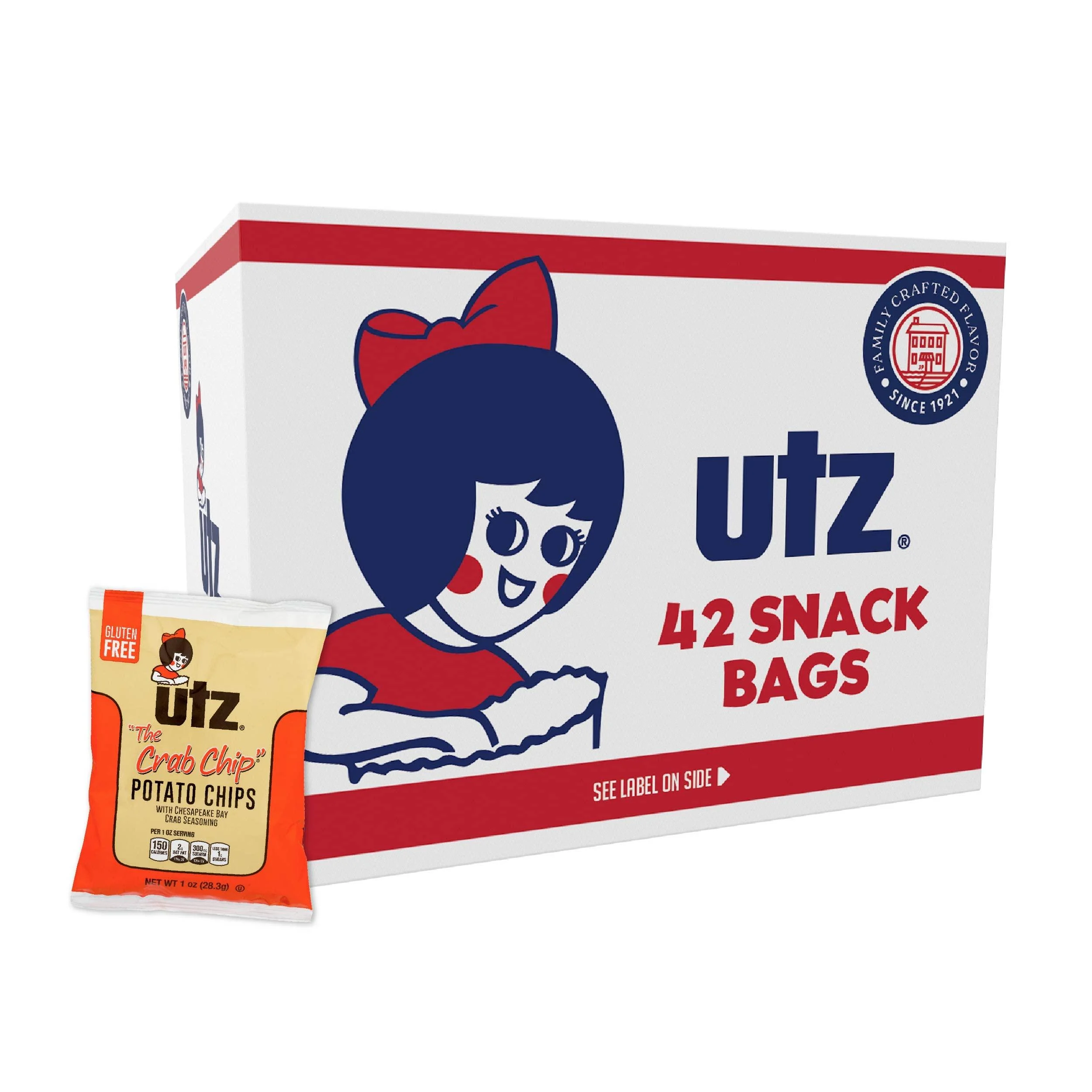 Utz Crab Crispy Fresh Potato Chips, 42 Count, Perfect for Vending Machines, Individual Snacks to Go, Trans-Fat Free, 1 Oz Crab Chips