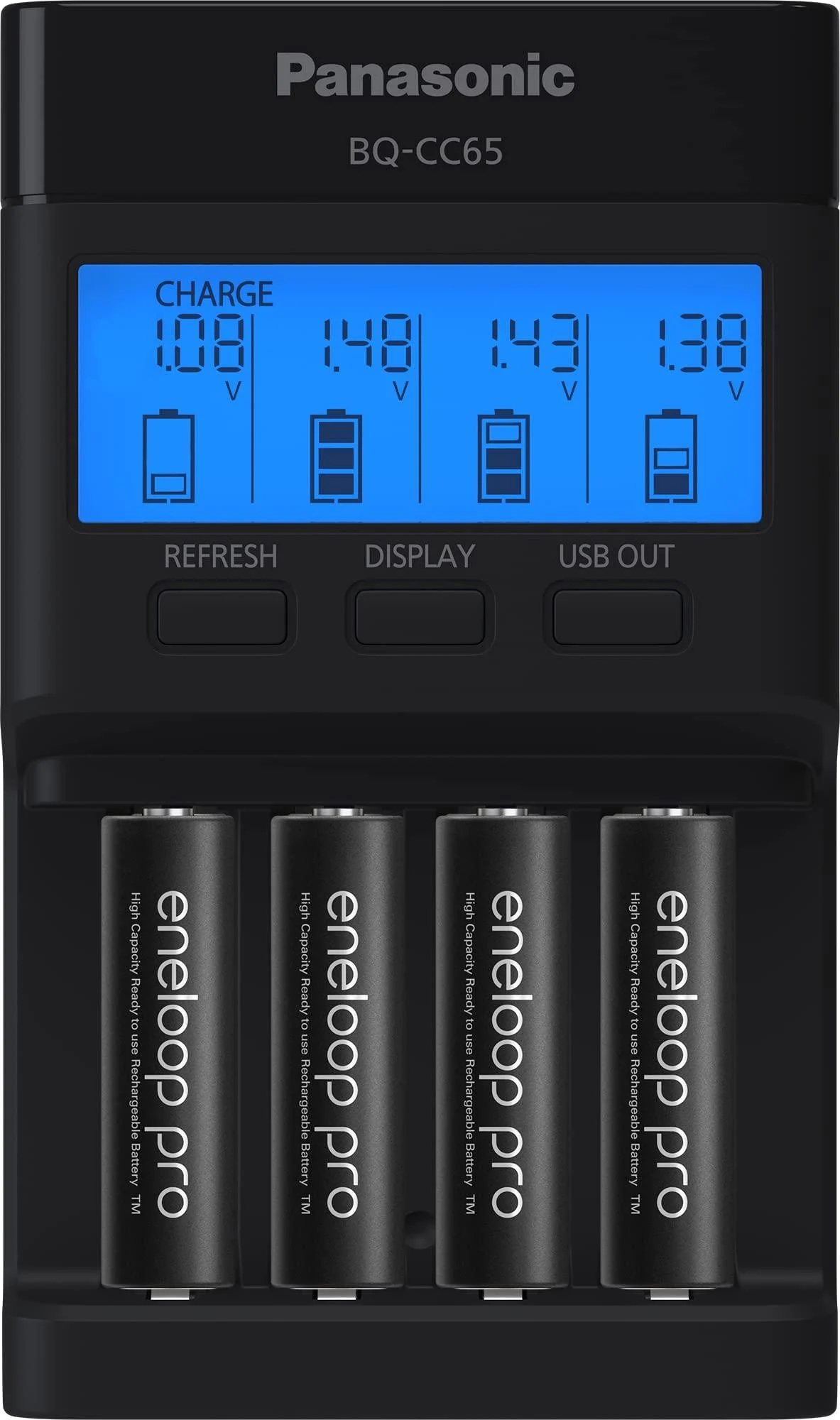 Panasonic K-KJ65KHA4BA Super Advanced 4-Position Quick Charger with LCD Indicator Panel USB Charging Port and 4AA eneloop pro Rechargeable Batteries Black Battery Charger