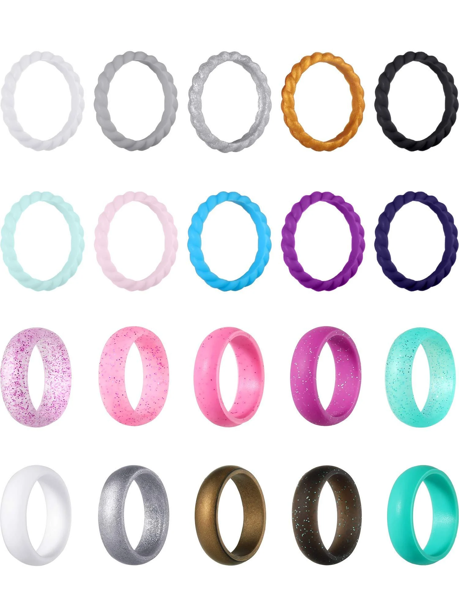Hicarer 20 Pieces Silicone Wedding Ring for Women, Thin Stackable Silicone Ring Wide Glitter Rubber Wedding Bands for Wedding Sport Supplies 7 (17.3 mm)
