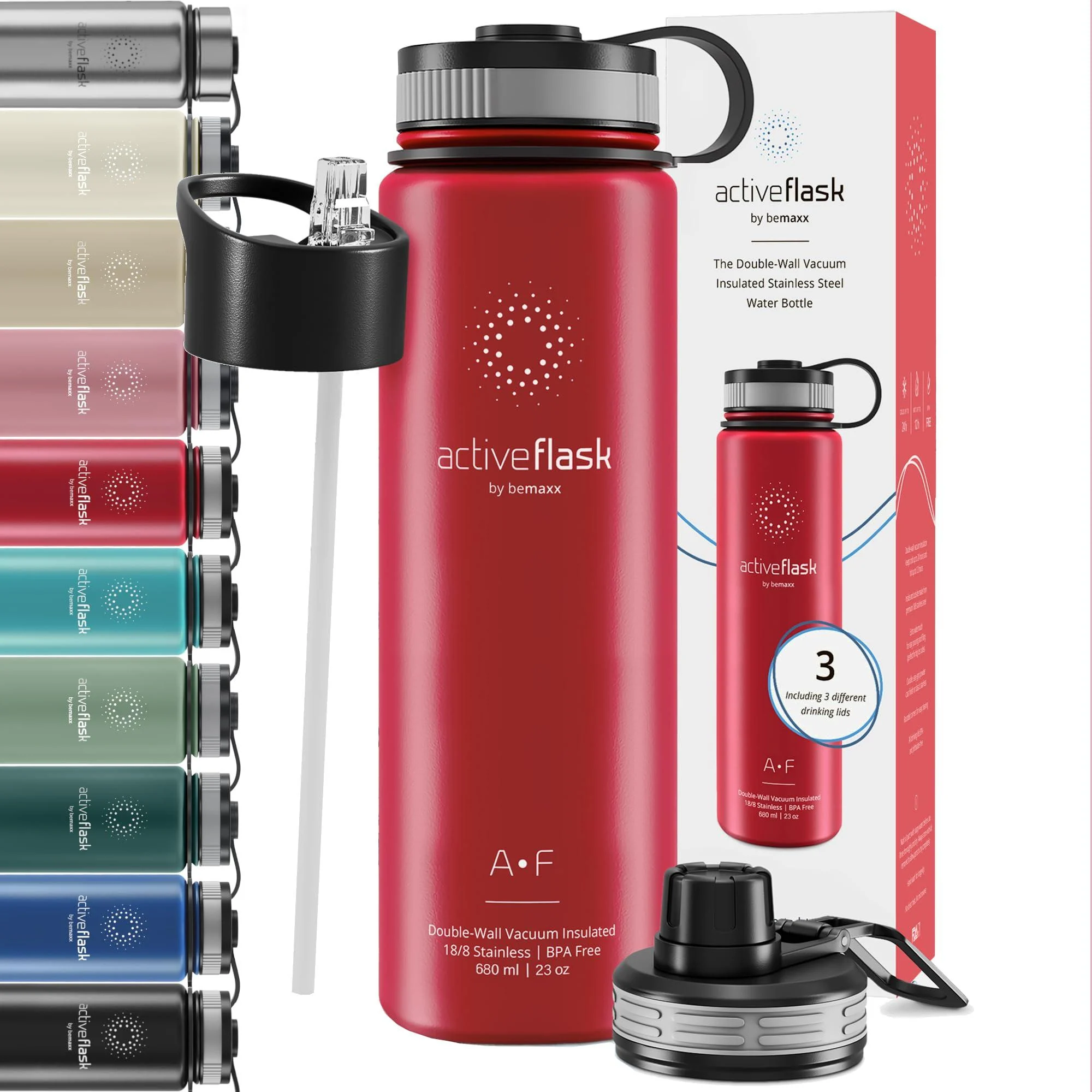 Drinking bottle stainless steel Active flask + straw (3 lids) BPA -free leak -proof carbon dioxide - water bottle bike thermos bottle isolated insulating bottle sports water bottle children tea 680ml wild red