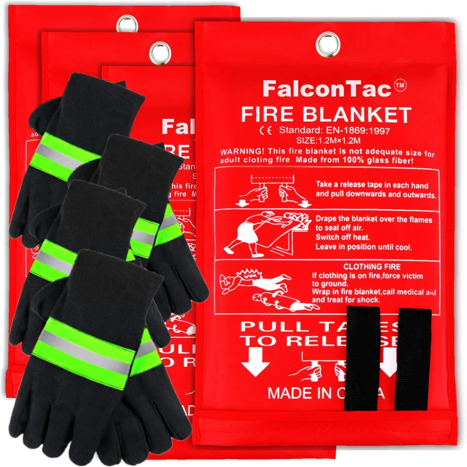 FalconTac 3-Pack Fire Blanket Size X-Large 47''x47'' Fire Suppression Emergency Blanket w/ Heat Resistant Gloves w/ Reflective Strap for Kitchen Camping Grilling