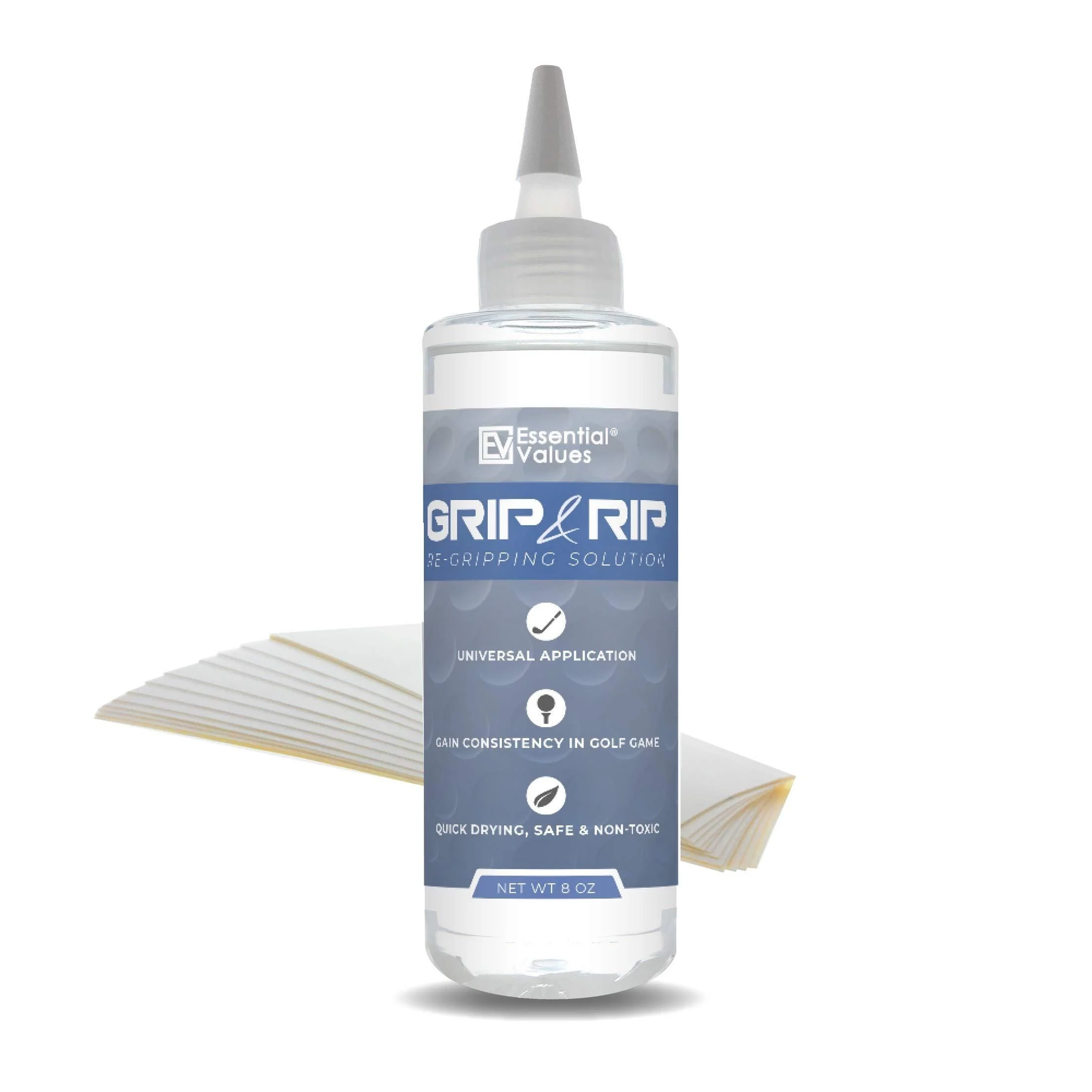 Essential Values Golf Grip Kit (8 Fl Oz) | Made in USA, Golf Solvent - Double The Solution Compared to Other Brands - Excellent for Quick & Easy Regripping of Golf Clubs 8 Fl OZ + 14 Strips