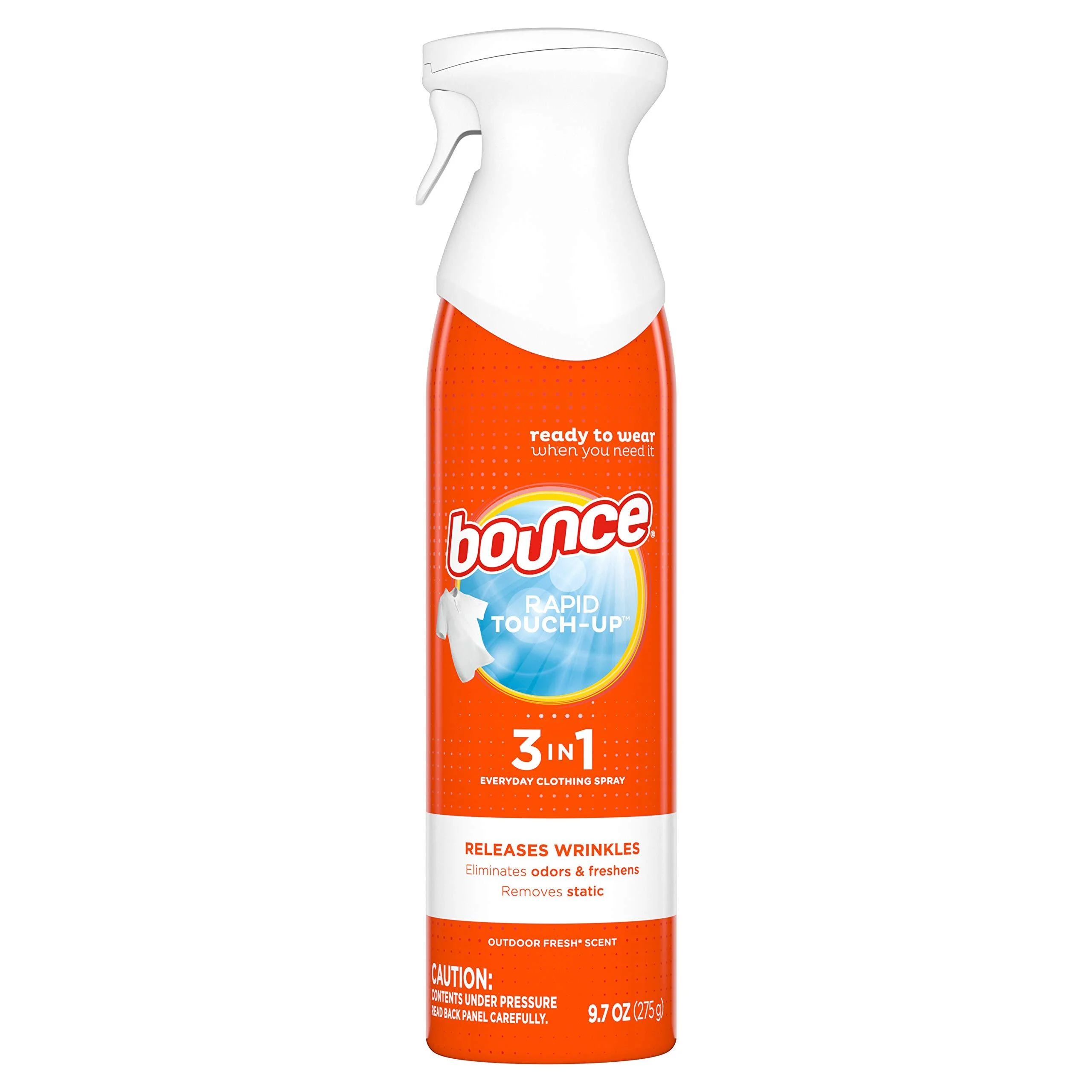 Bounce Wrinkle Release Spray, 3 in 1 Odor Eliminator, Anti Static and Fabric Refresher Spray, Rapid Touch-Up, 9.7 Fl Oz Pack of 1