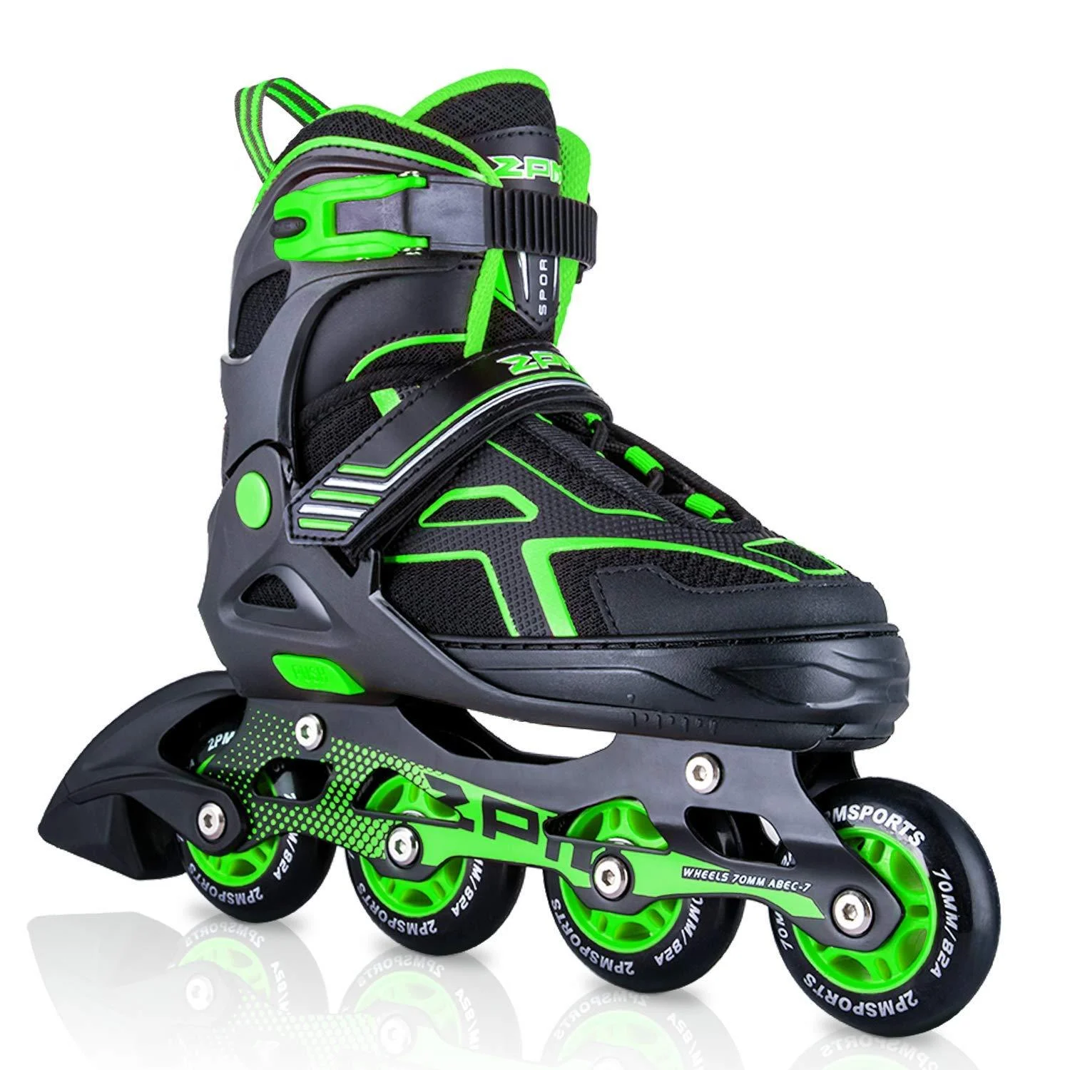 2PM SPORTS Torinx Orange/Red/Green Black Boys Adjustable Inline Skates, Fun Roller Blades for Kids, Beginner Roller Skates for Girls, Men and Ladies Green Large - Youth (4-7 US)