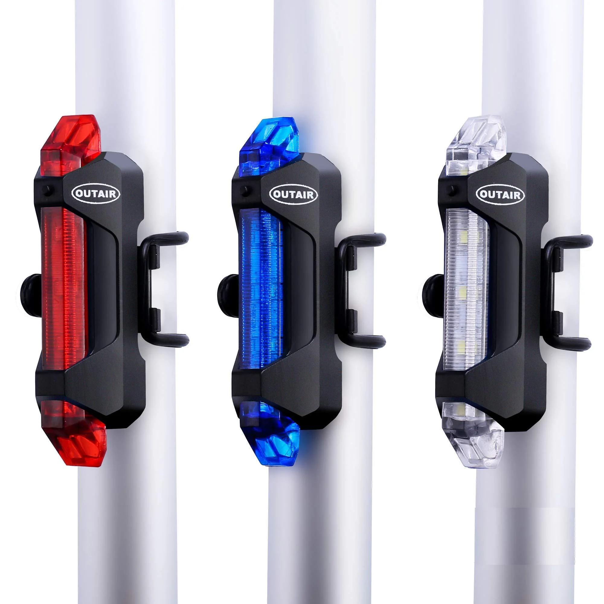 Outair USB Rechargeable Bike Light Front and Rear Bicycle Light Set Scooter Light 5 LEDs 4 Modes Head Back Cycling Flashing Safety Warning Lamp White&Red&Blue