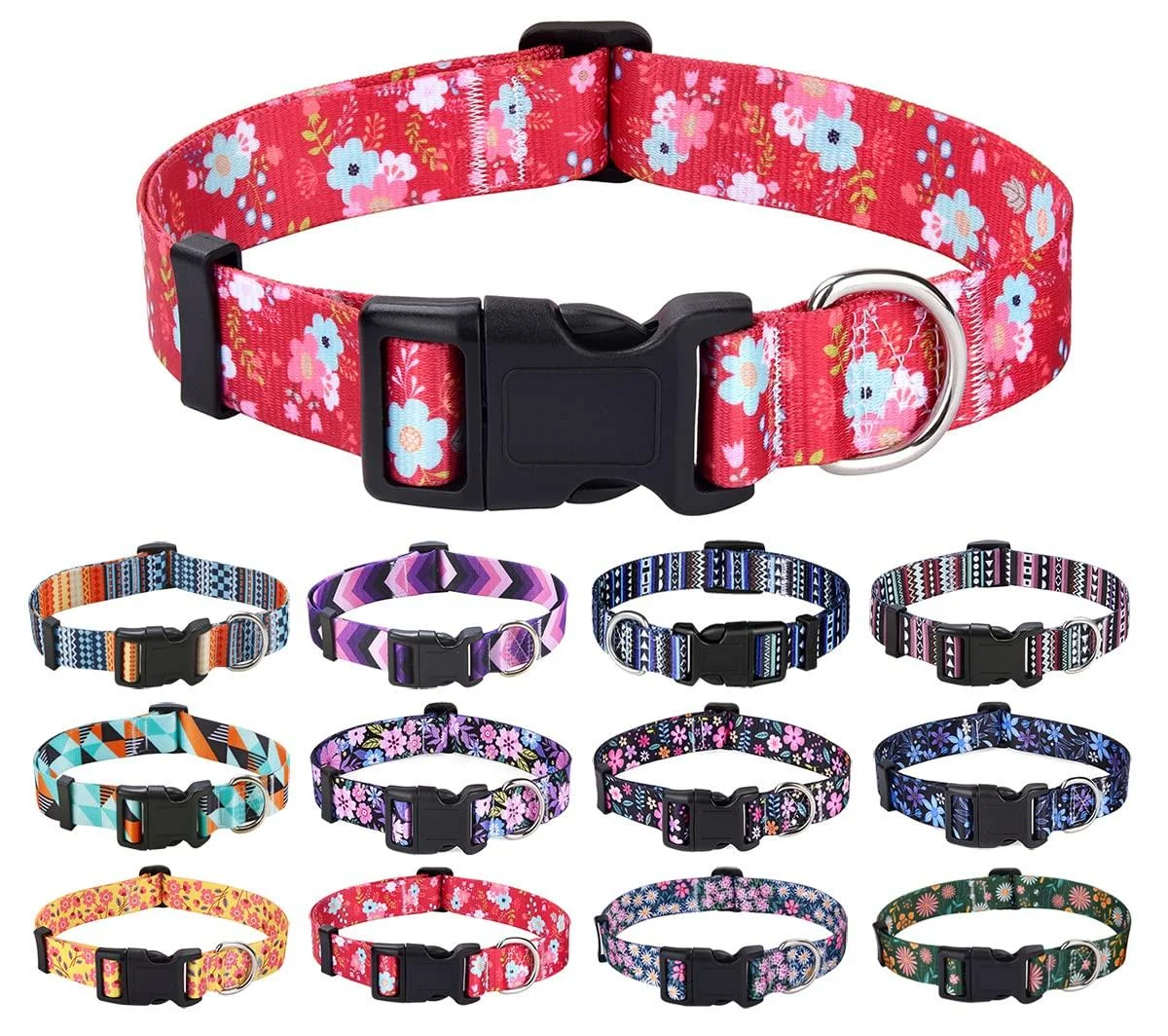 Mihqy dog collar adjustable soft & comfort nylon dog collar for small medium large dog puppies (red flower XS) XS (neck circumference 20-30 cm width 1.5 cm) Red flower