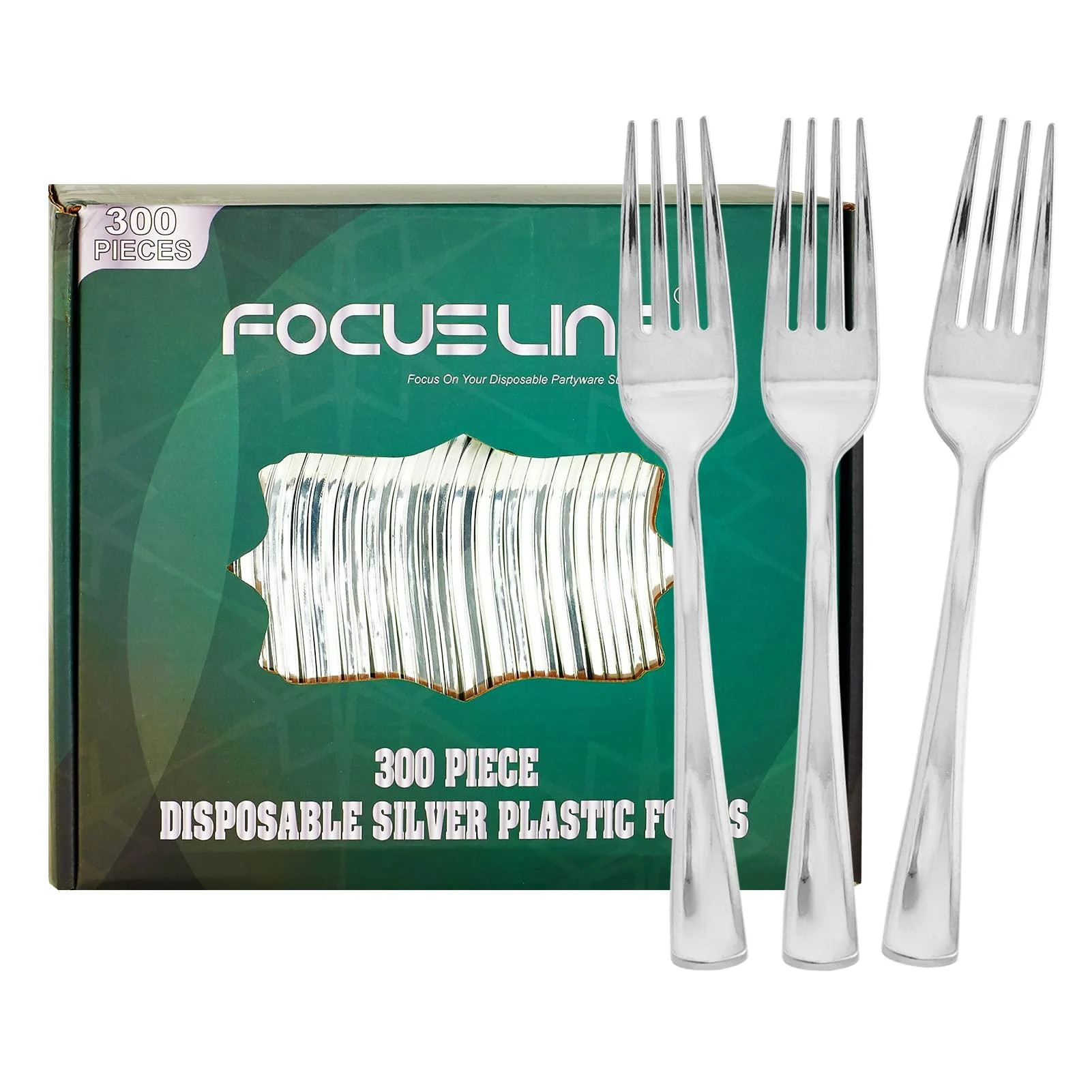 FOCUSLINE 300 Pack Disposable Silver Plastic Forks, Solid and Durable Plastic Cutlery Forks, Heavy Duty Disposable Utensil Silverware for Catering, Parties, Dinners, Weddings Forks Silver