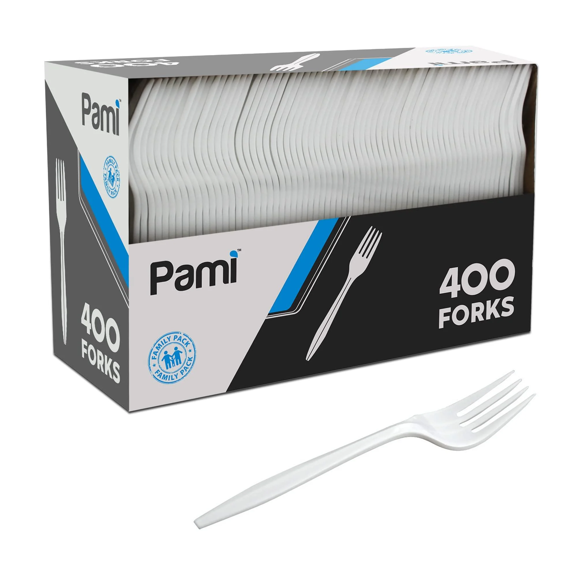 PAMI Medium-Weight Disposable Plastic Forks 400-Pack - Bulk White Plastic Silverware For Parties, Weddings, Catering Food Stands, Takeaway Orders & More- Sturdy Single-Use Partyware Forks