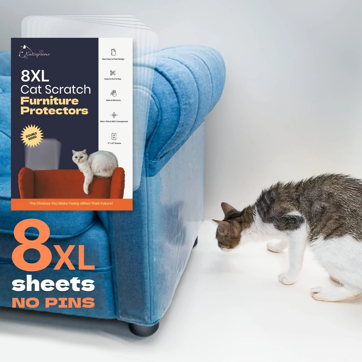 KatSupreme Cat Scratch Couch Protector - XL Sheets, Clear (Almost Invisible), Extra Durable, Easy to Customize, Residue-Free Furniture Protector 8XL Sheets