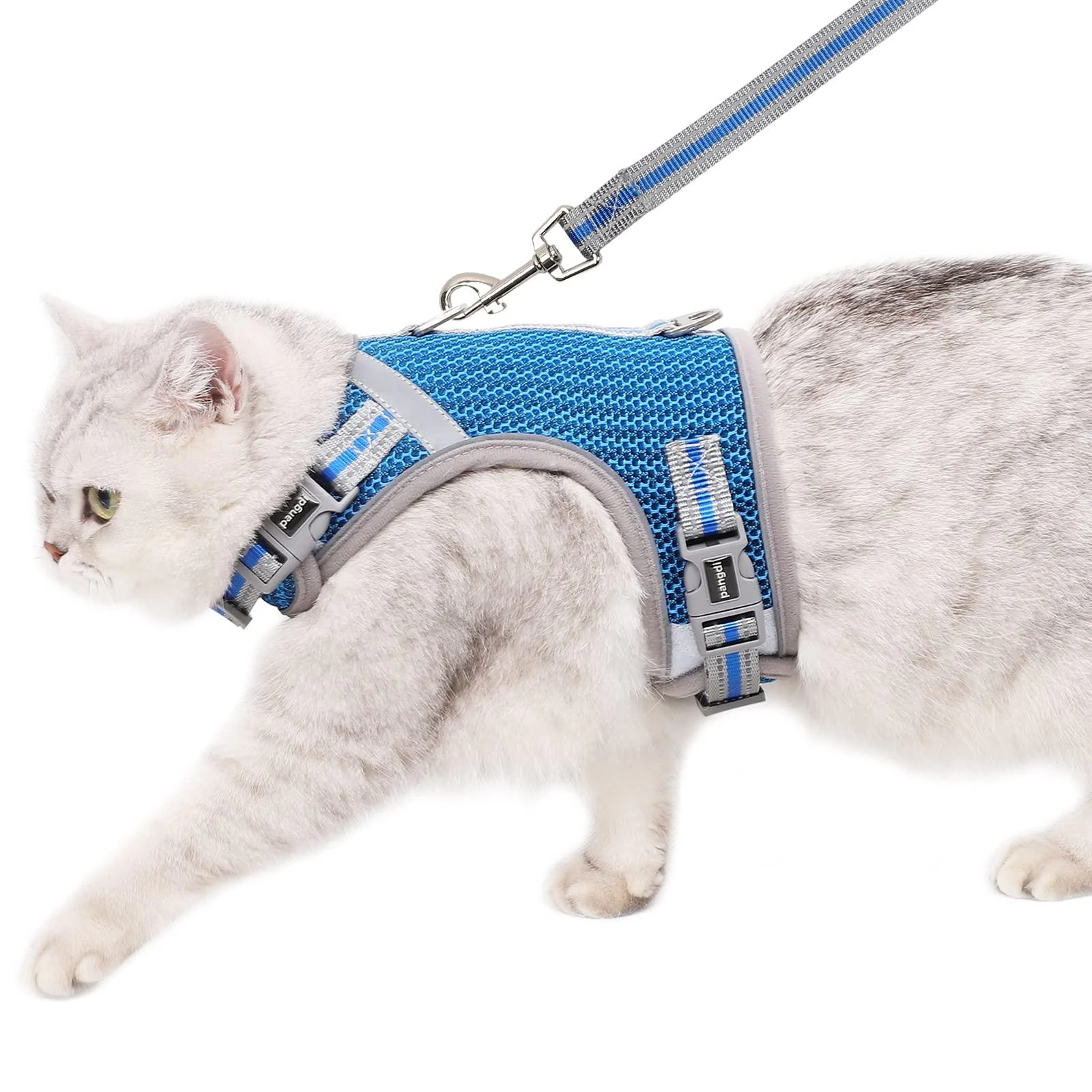pangdi Cat Harness and Leash Escape Proof Double Protection Fully Adjustable Sturdy Soft Mesh with Reflective Strips for Walking and Traveling Blue Large