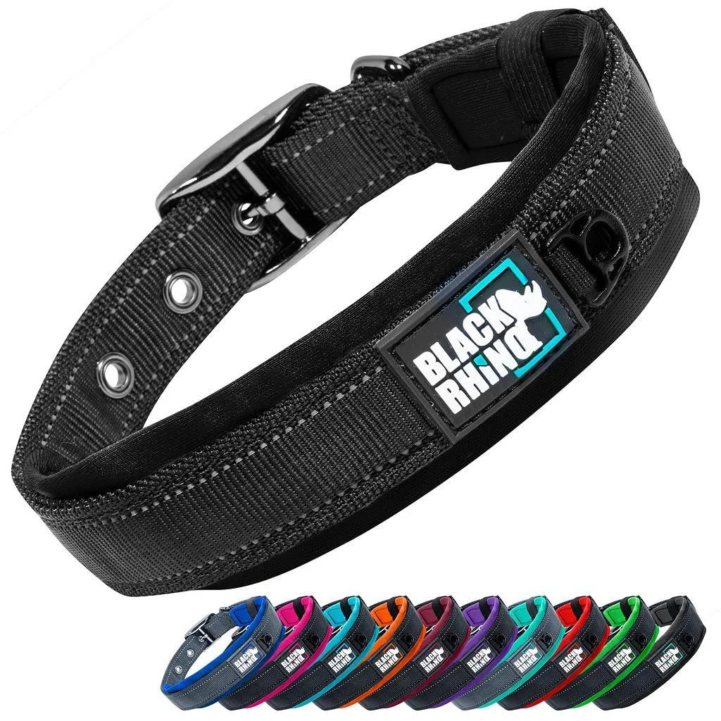 Black Rhino - The Comfort collar super soft neoprene posted dog collar for all dog breeds - highly contaminable adjustable reflective weatherproof (small black) black small