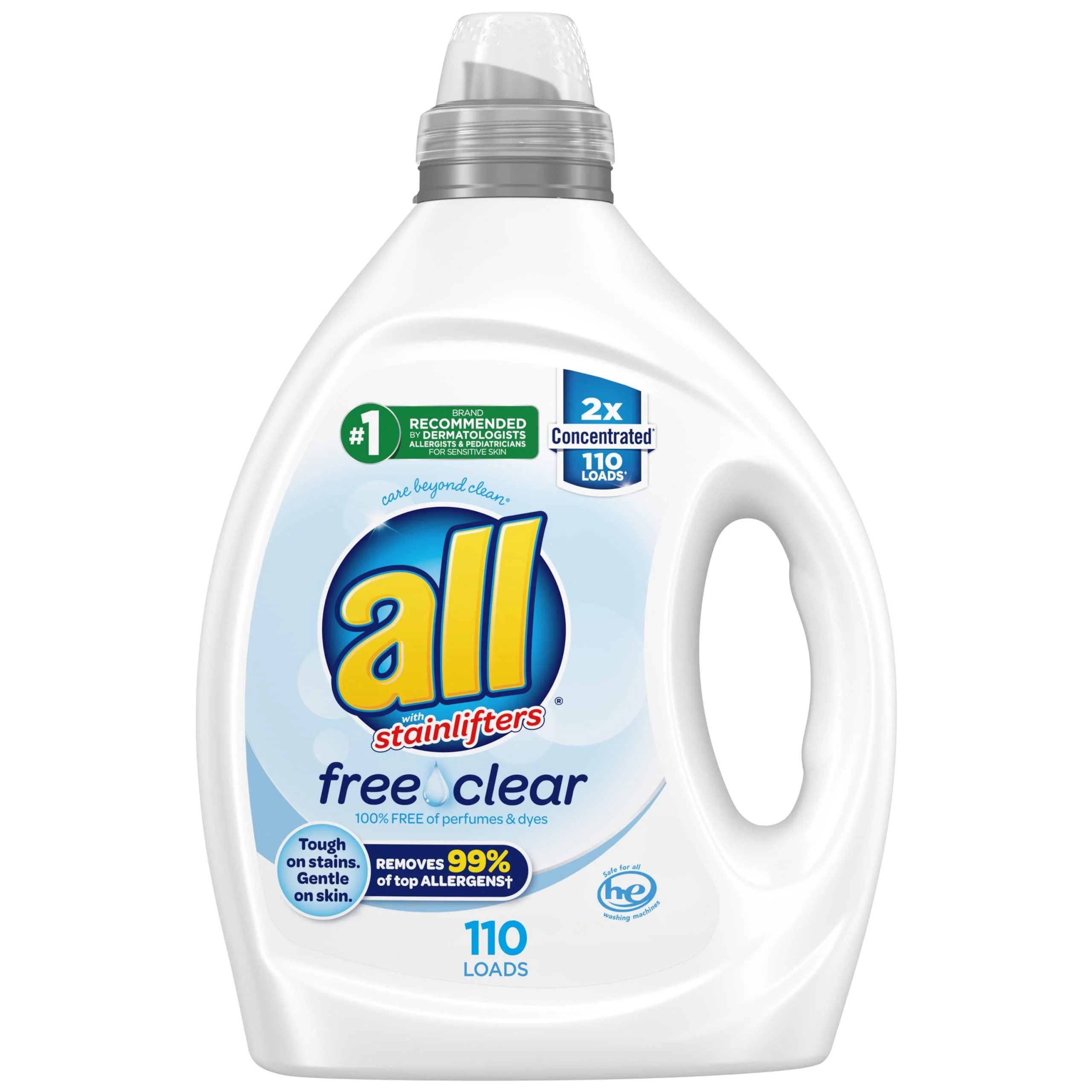 all Liquid Laundry Detergent, Clear for Sensitive Skin, 2X Concentrated, 110 Loads Unscented 82.5 Fl Oz (Pack of 1)