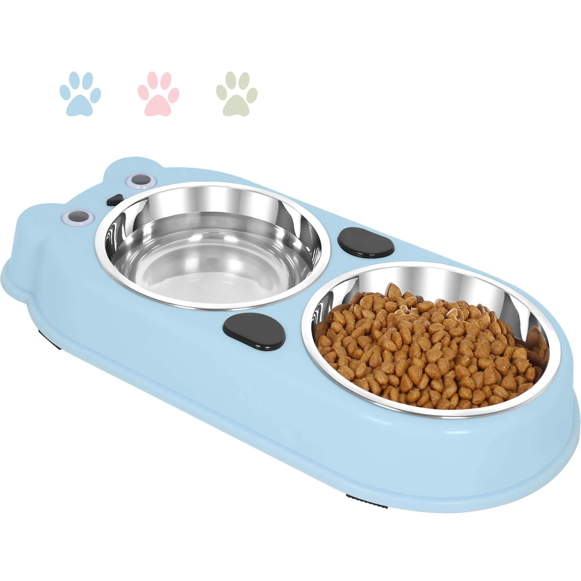 UPSKY Double Dog Cat Bowls Double Premium Stainless Steel Pet Bowls with Cute Modeling Pet Food Water Feeder Blue