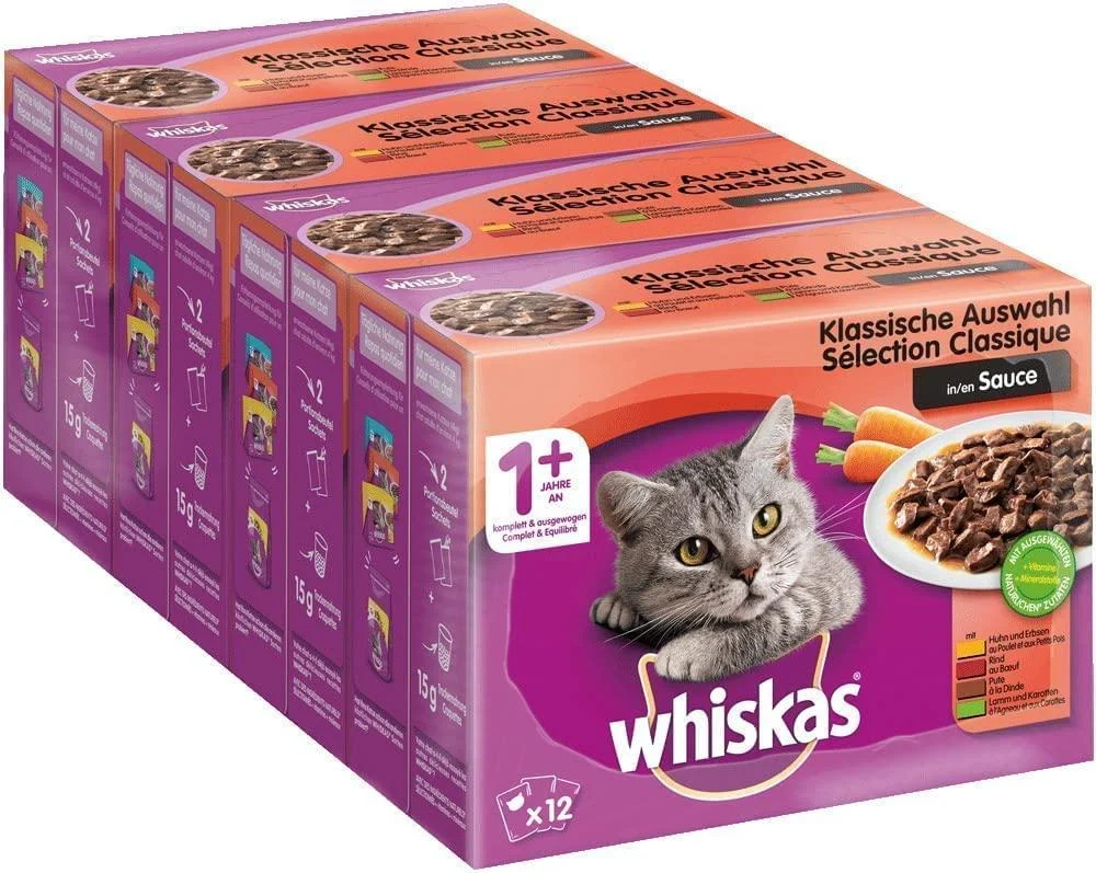 Whiskas 1+ Cat grid lining - classic selection in sauce - high -quality wet feed in 48 portion bags for a happy cat from 1 year - cat food - 4 pack (4 x 12 portion bags of 100g) classic selection 100 g (48 pack)