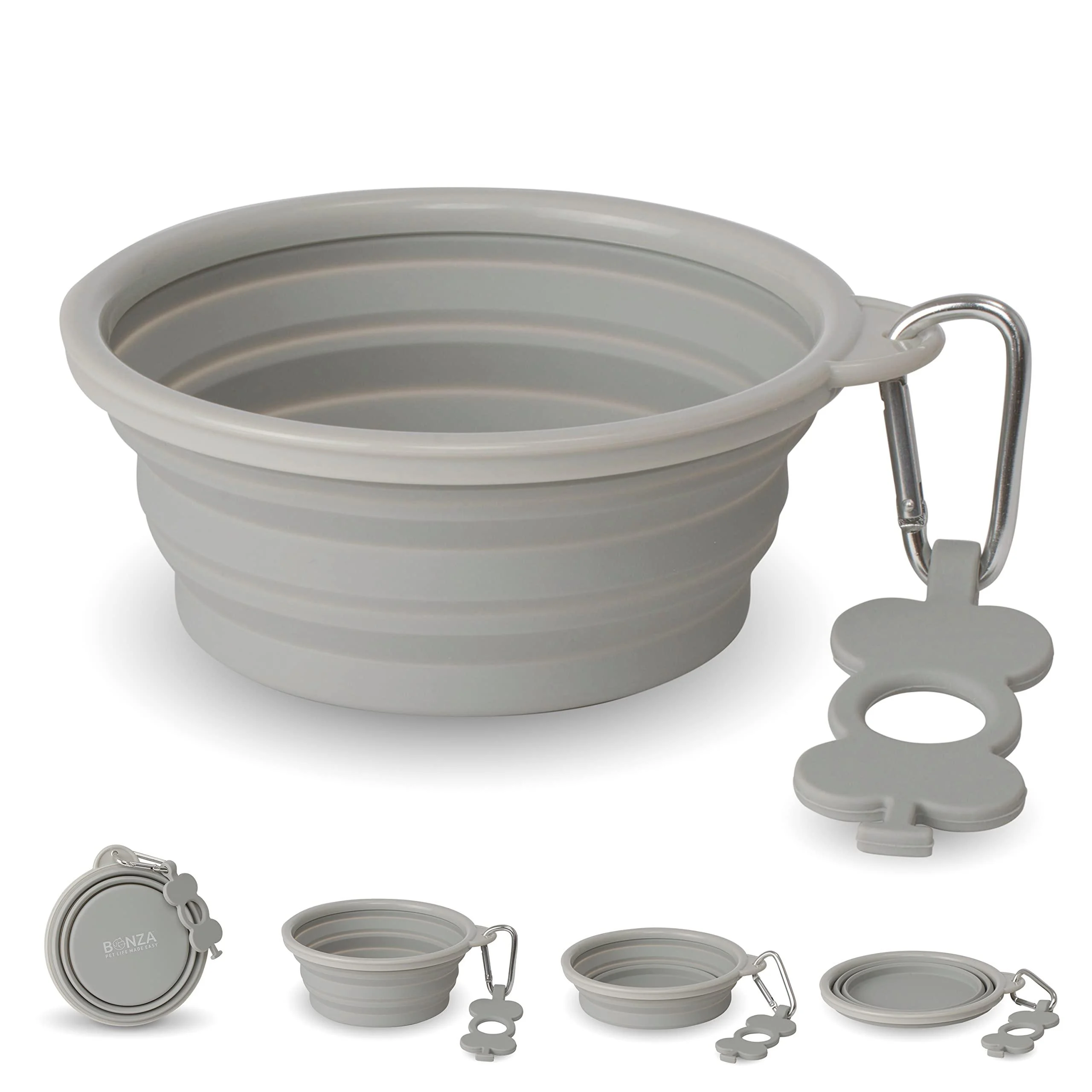 Bonza foldable dog bowl 750 ml stable reinforced edge including carabiner & water bottle holder Key trailer light gray light gray medium