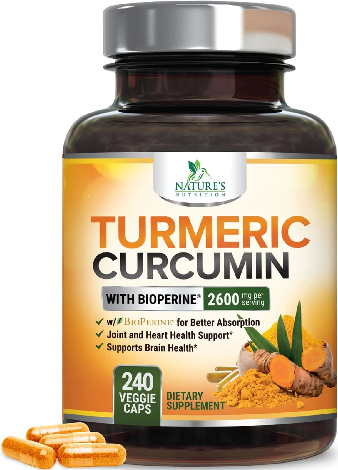 Turmeric Curcumin with BioPerine 95 Curcuminoids 2600mg - Natural Joint Healthy Inflammatory Support Black Pepper for Max Absorption Natures Nutrition Tumeric Extract Supplement - 240 Capsules 240 Count (Pack of 1)