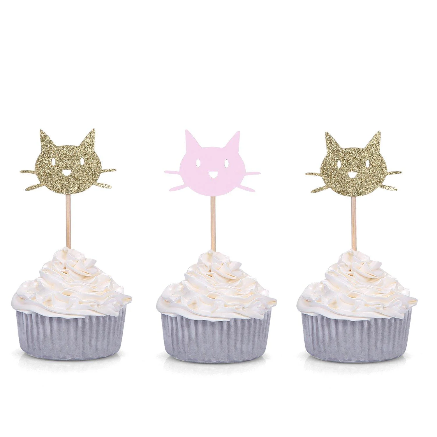 24 CT Gold and Pink Cat Cupcake Toppers - by Giuffi