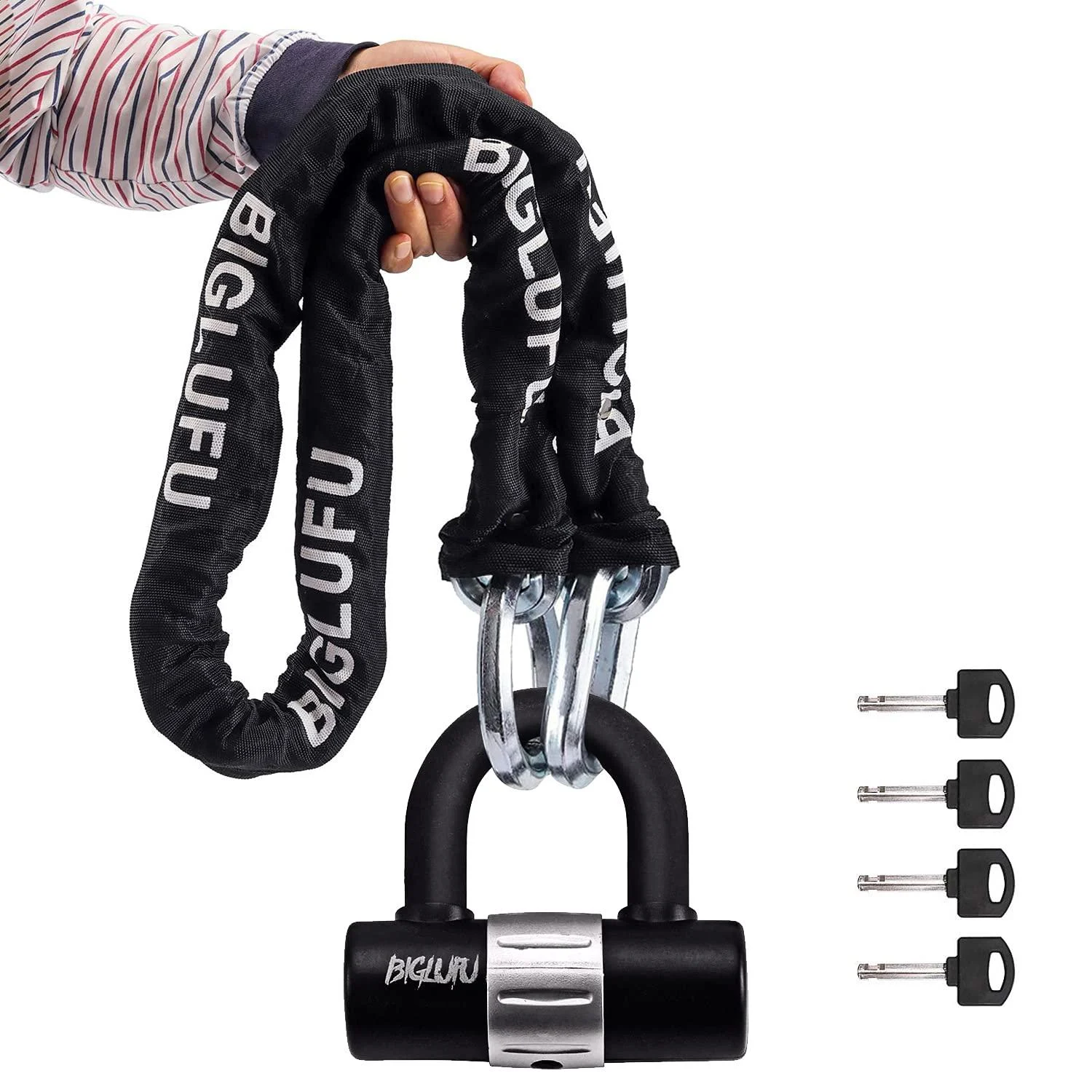 BIGLUFU Motorcycle Lock Chain Locks Heavy Duty, 120cm/4ft Long, Cut Proof 12mm Thick Square Chains with 4Keys 16mm U Lock, Ideal for Motorcycles, Motorbike, Bike, Generator, Gates, Bicycle, Scooter. 120cm/4ft x 12mm Diameter Chain with Lock -1