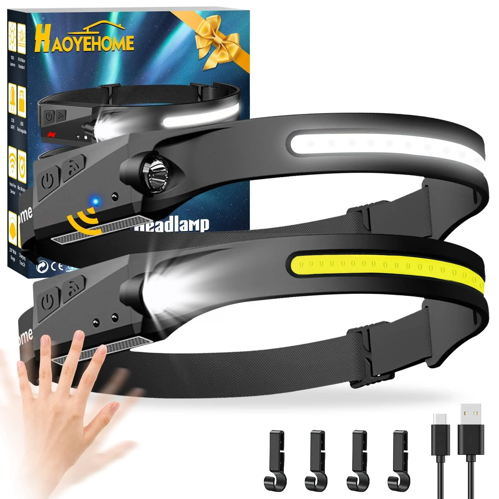 Headlamp Rechargeable 2 Pack, Headlamps for Adults, 230Bright Beam Headlamp & Spotlight, Motion Sensor, 6 Modes Lightweight Head Lamps Flashlight with Clips for Repairing, Camping Running, Cycling Black-2
