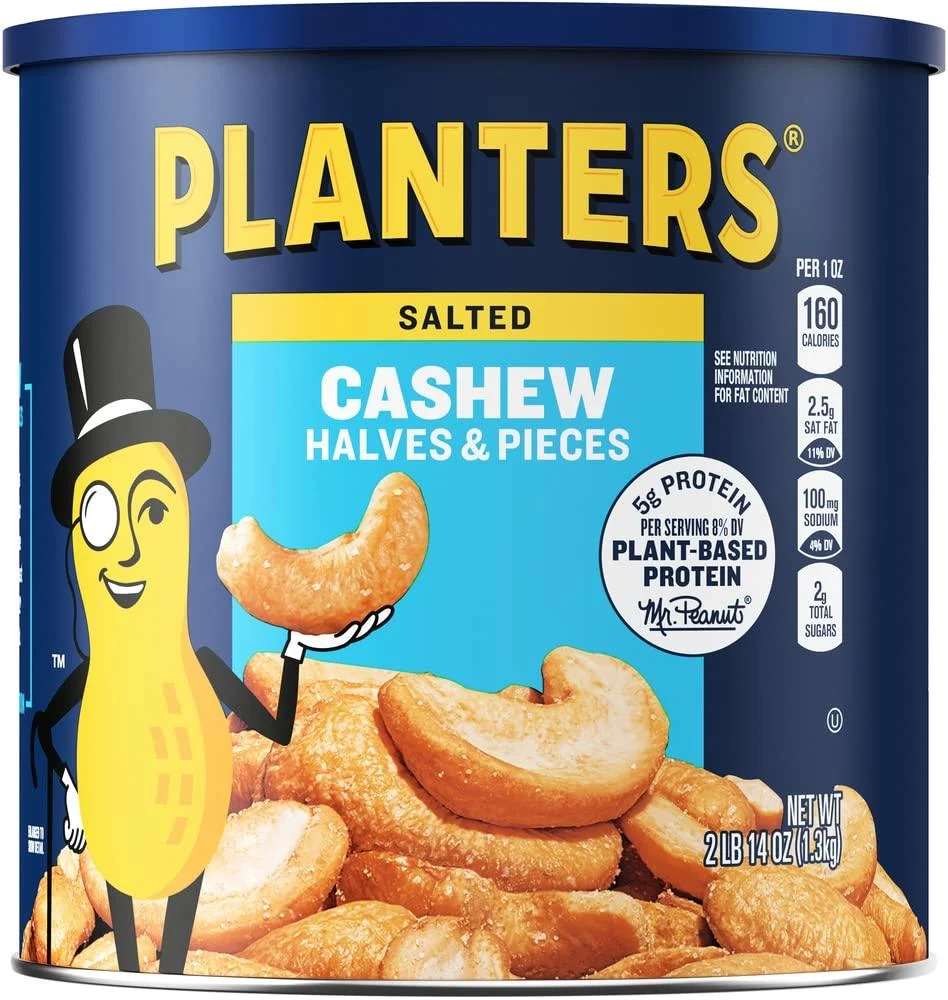 PLANTERS Cashew Halves & Pieces, 46 oz Resealable Canister - Roasted in Peanut Oil - Convenient Size Snack - Kosher Snack Halves & Pieces 2.87 Pound (Pack of 1)