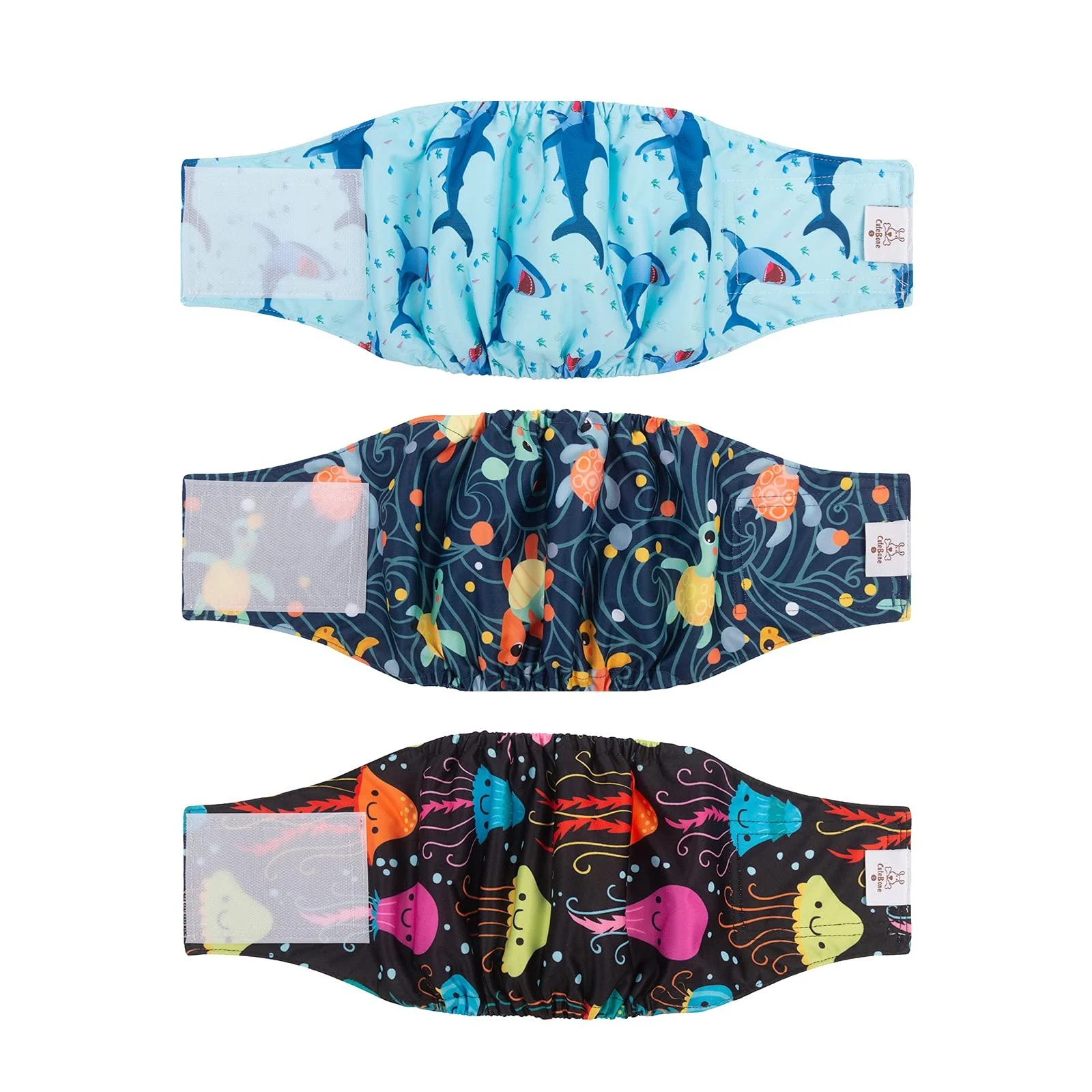 Cuteebone dog diapers for male dogs Washable 3 pieces of reusable dog belly band for male High-suction dog wrap DM28S-DE turtle & shark & jelly s (28-35.5cm)