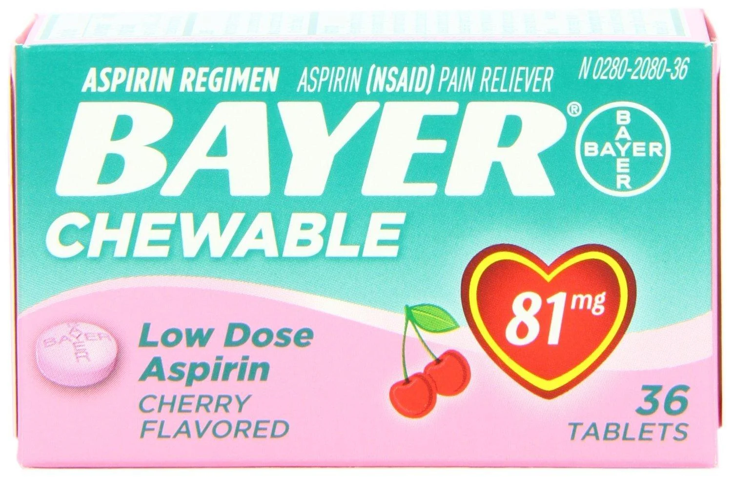 Bayer Chewable Low Dose Aspirin Cherry , 36 Count (Pack of 3) Cherry 36 Count (Pack of 3)