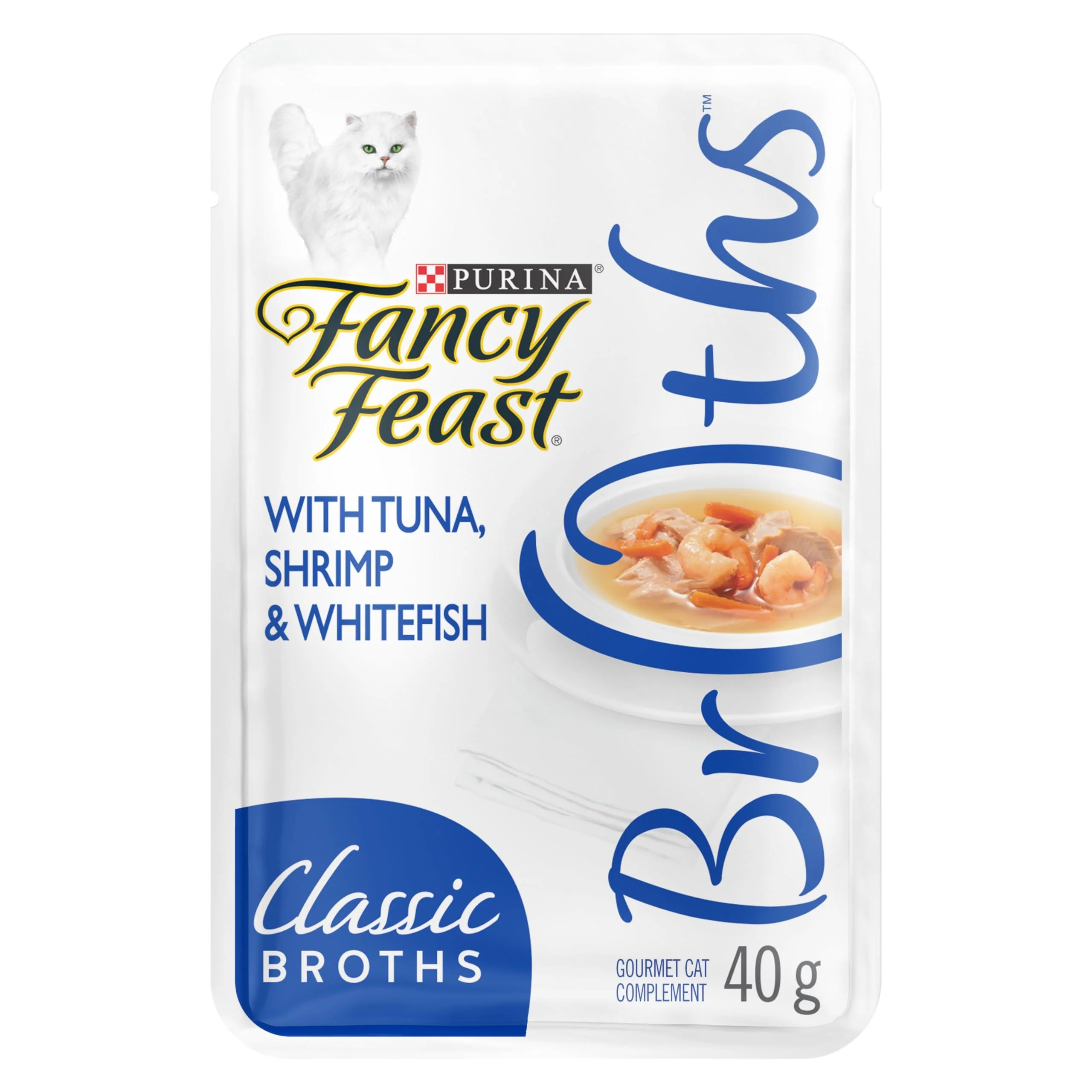 Fancy Feast Classic Broths Cat Food Complement Tuna Shrimp & Whitefish - 40 g Pouch (16 Pack) Tune Shrimp & Whitefish 16