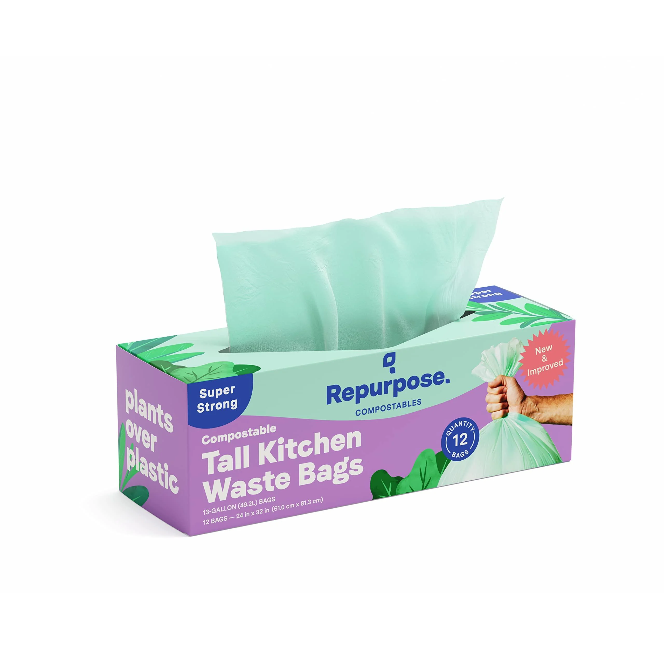 Repurpose 13 Gallon Compostable Trash Bags, 49.2 Liter Super Strong Tall Kitchen Garbage Bags, Home Compostable, BPA Free, 12 Count 12 Count (Pack of 1) - Repurpose Compostables