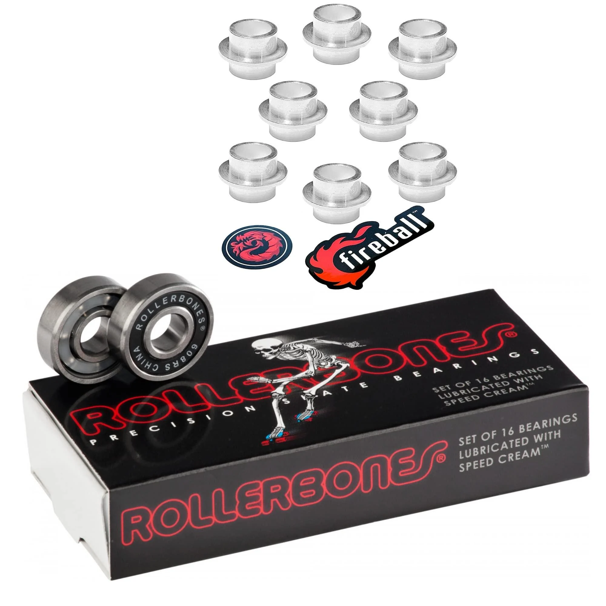 Rollerbones Bearings 8mm 16 Pack with Fireball Dragon Inline Spacers - Inline Skate Bearings/Roller Skate Bearings by Bones Bearings - for Roller Skates, Roller Derby, Inline Skates (608, w/Spacers) 608 w/ Self Centering Spacers