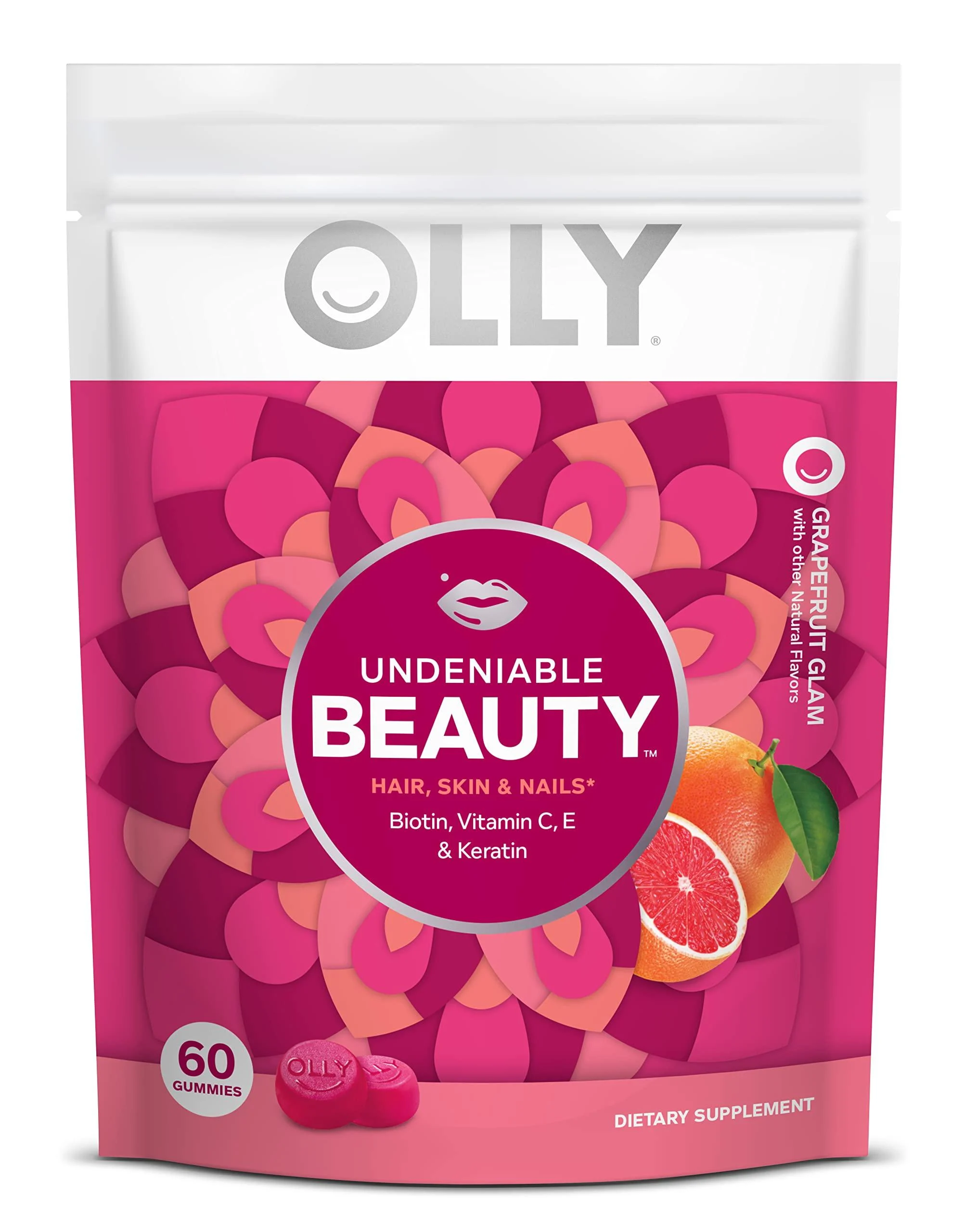 OLLY Undeniable Beauty Gummy, For Hair, Skin, Nails, Biotin, Vitamin C, Keratin, Chewable Supplement, Grapefruit, 30 Day Supply - 60 Count 60 Count (Pack of 1) Eco-Friendly Pouch
