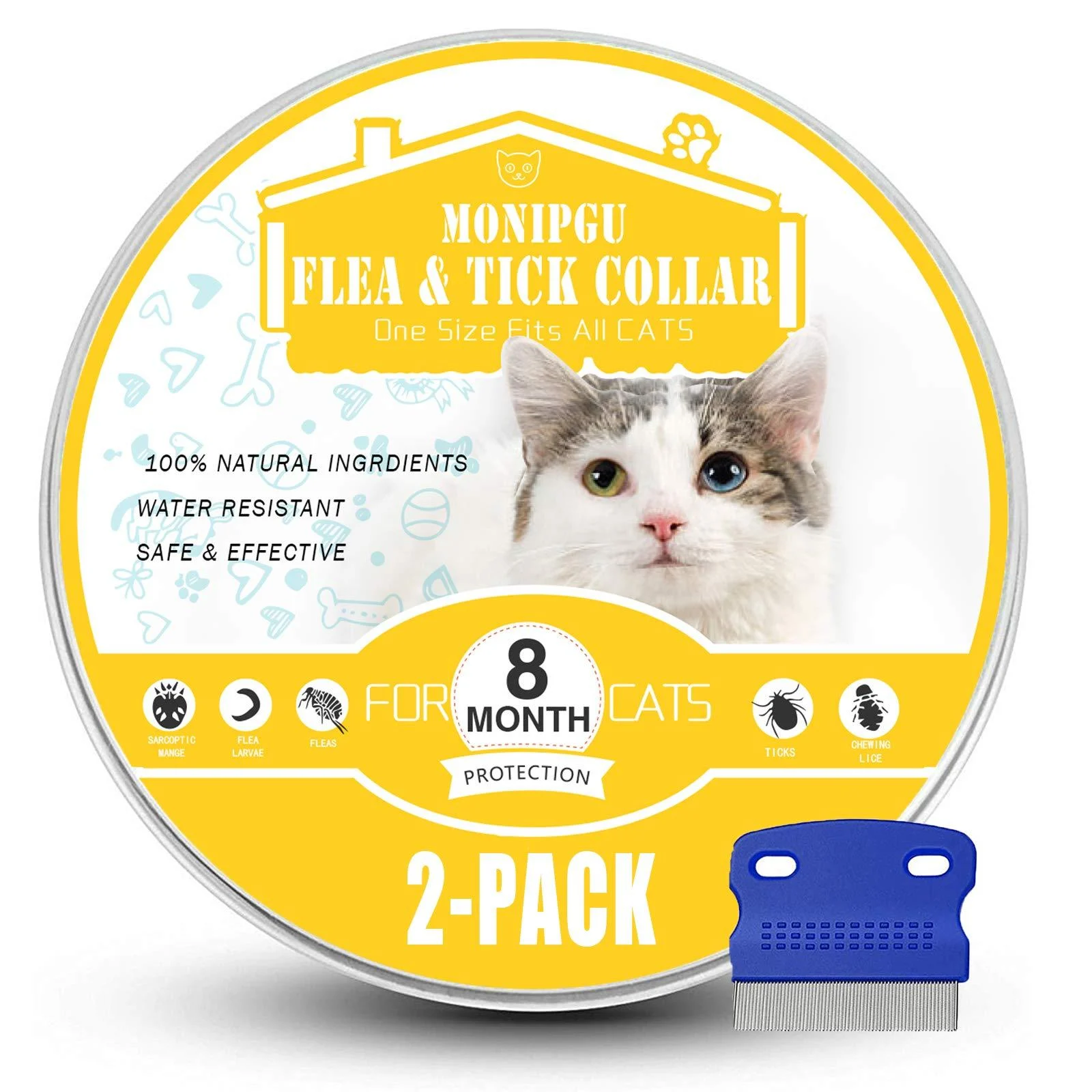 Collar for Cats,2 Pack,Natural Prevention for Cats,8 Months Protection,One Size Fits All Cats,Adjustable & Waterproof,Include Comb - MONIPGU