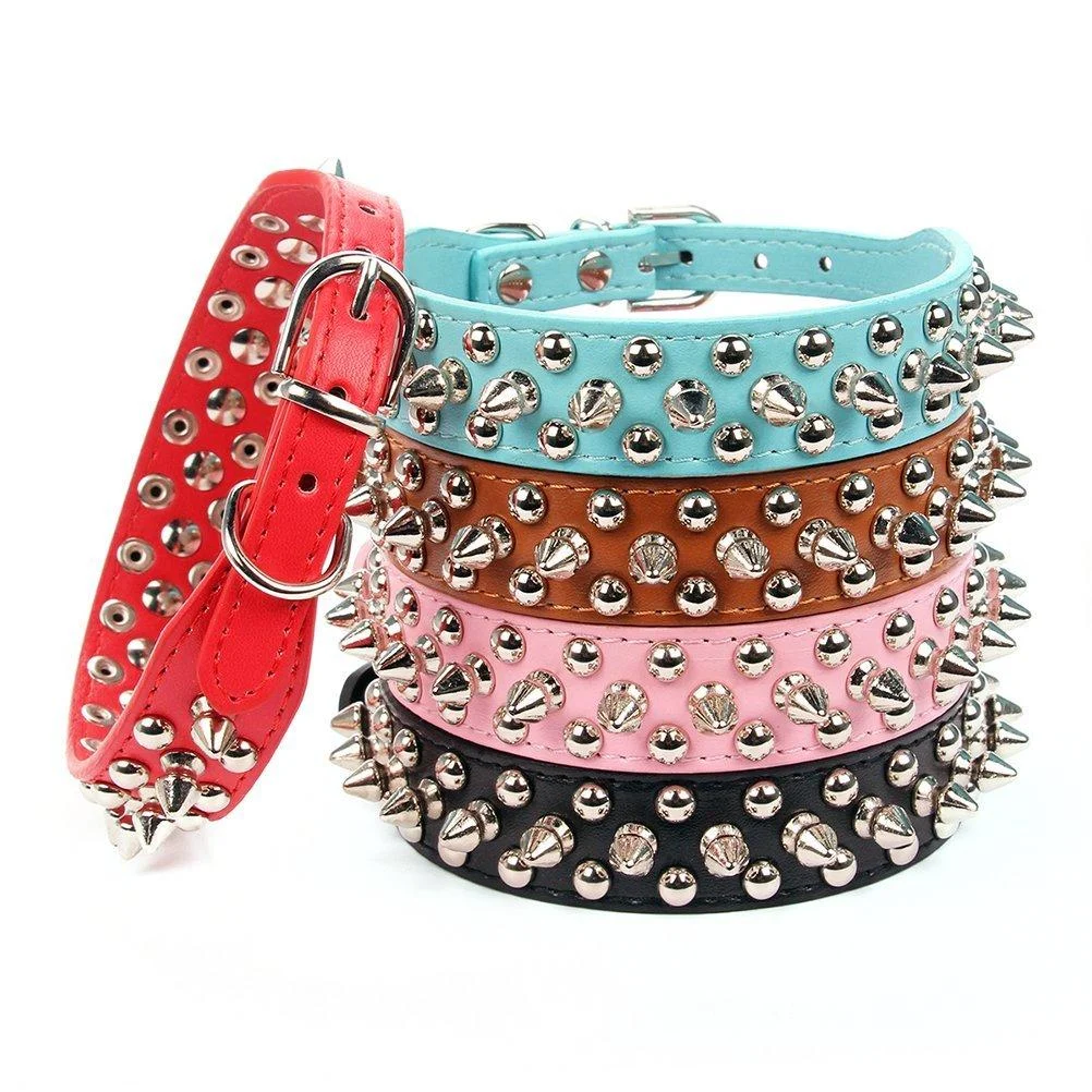Aolove Mushrooms Spiked Rivet Studded Adjustable Pu Leather Pet Collars for Cats Puppy Dogs 12"-14.5" Neck Black