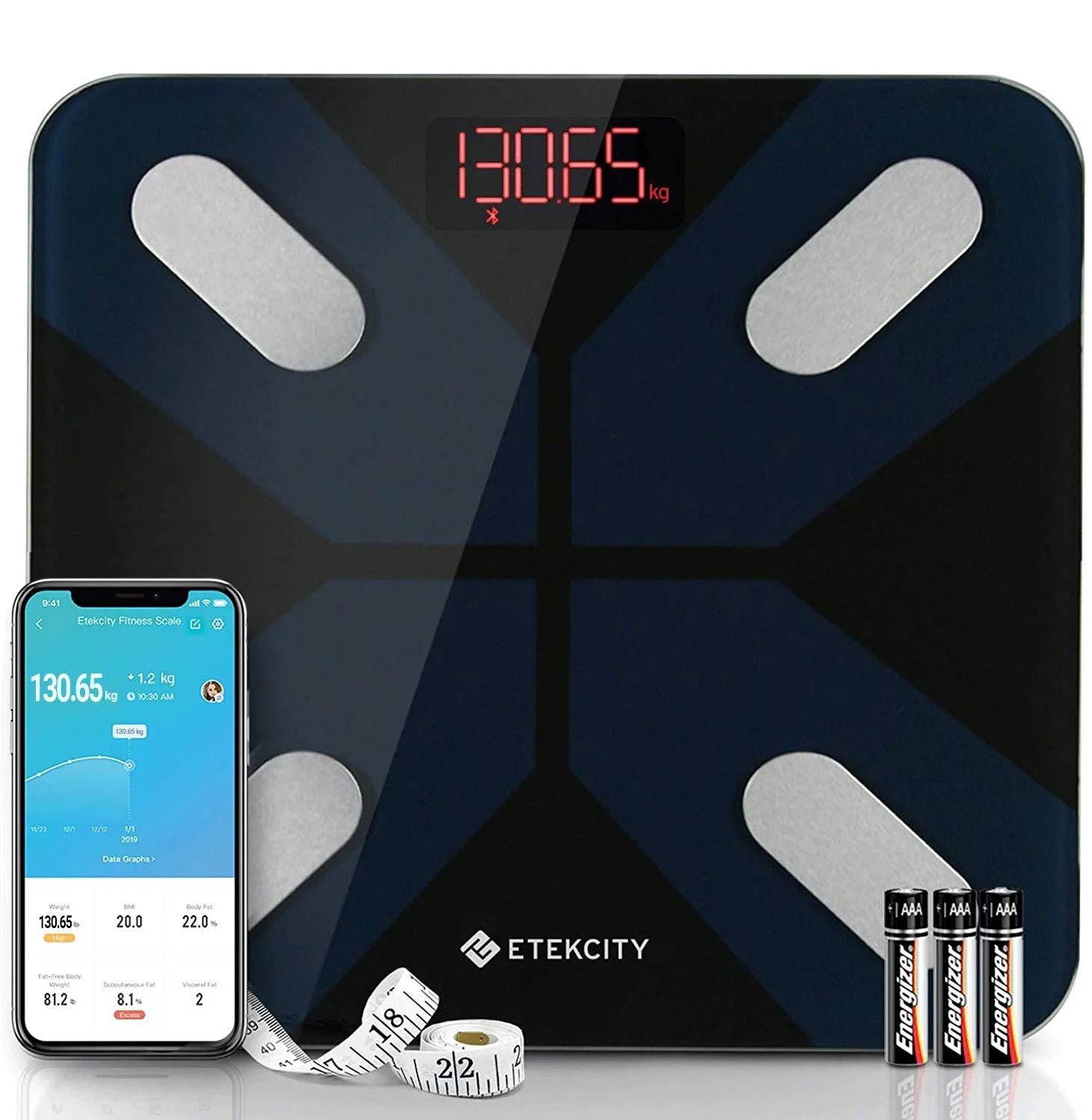 Etekcity Bluetooth body fat scale personal scale digitally with intelligent app for body weight fat BMI muscle mass water protein etc. 28st/180kg/400LB including batteries black ESF28