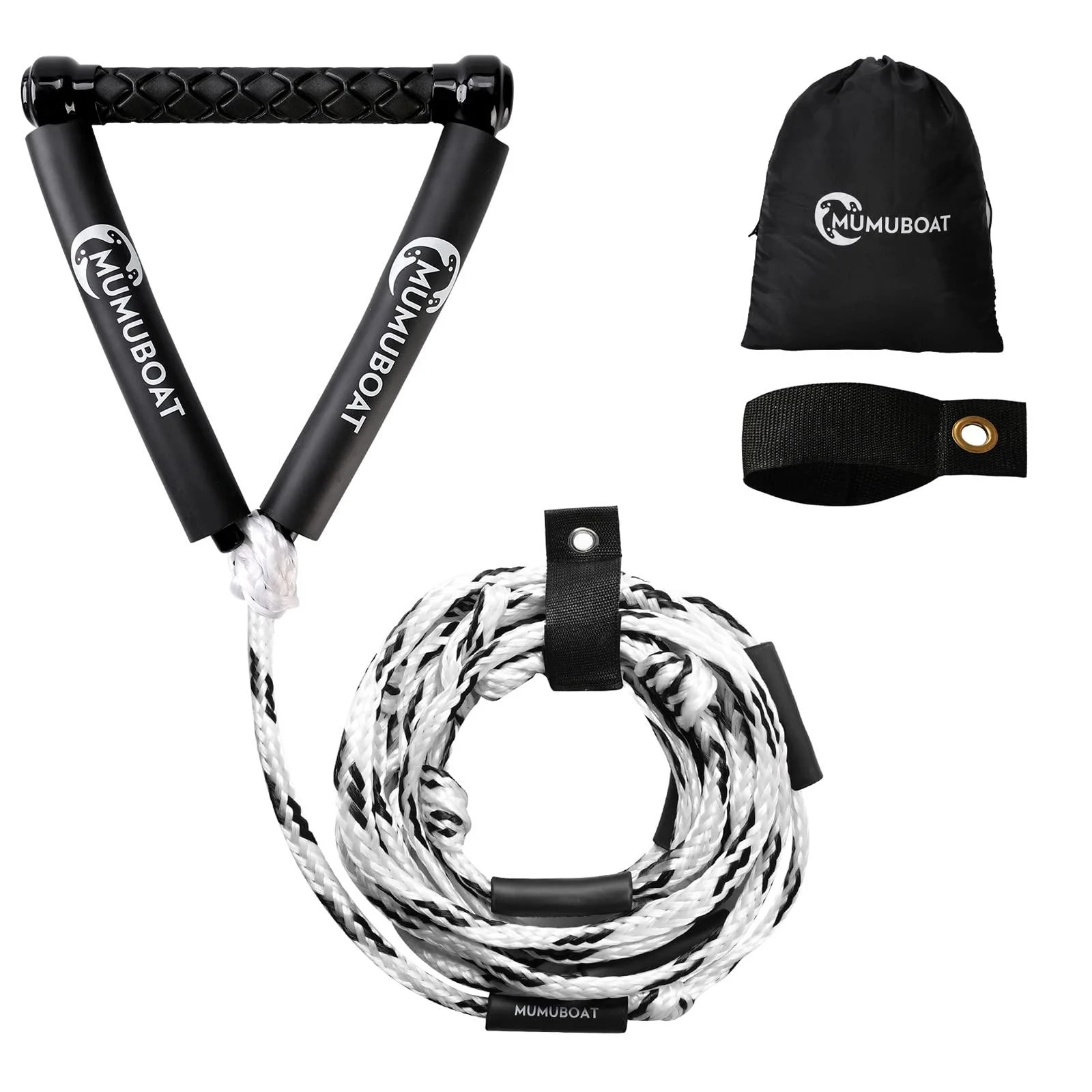 MUMUBOAT Wakesurf Rope with Handle, 25ft Adjustable Wake Surf Rope Floating Watersport Ropes for Wake Surfing Black & White